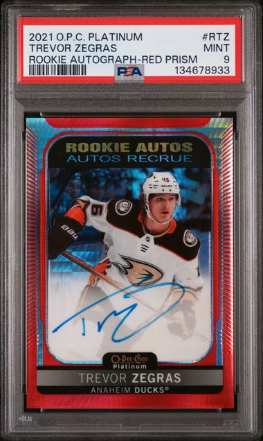 2021-22 O-Pee-Chee Platinum Red Prism Autograph #RTZ Trevor Zegras #34/60 PSA 9 (Rookie)