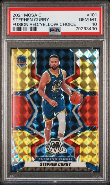 2021-22 Panini Mosaic Fusion Red Yellow Choice #101 Stephen Curry #43/88 PSA 10