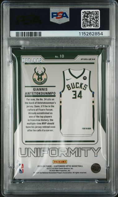 2023-24 Panini Contenders Optic Uniformity Red Cracked Ice #10 Giannis Antetokounmpo #037/175 PSA 9