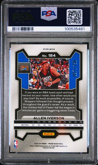 2023-24 Panini Prizm Blue Fast Break #184 Allen Iverson #097/150 PSA 10