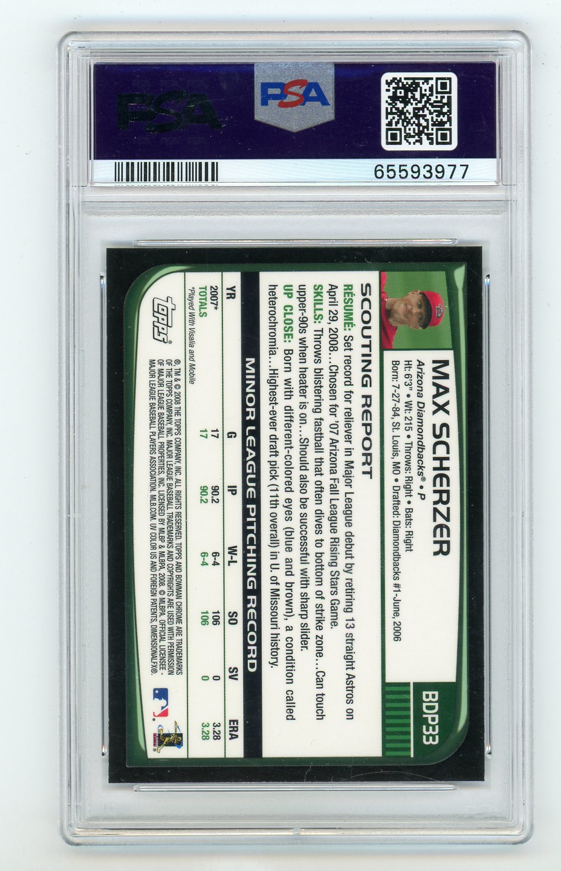2008 Bowman Chrome Draft #BDP33 Max Scherzer PSA 9 (Rookie) | Eastridge Sports Cards