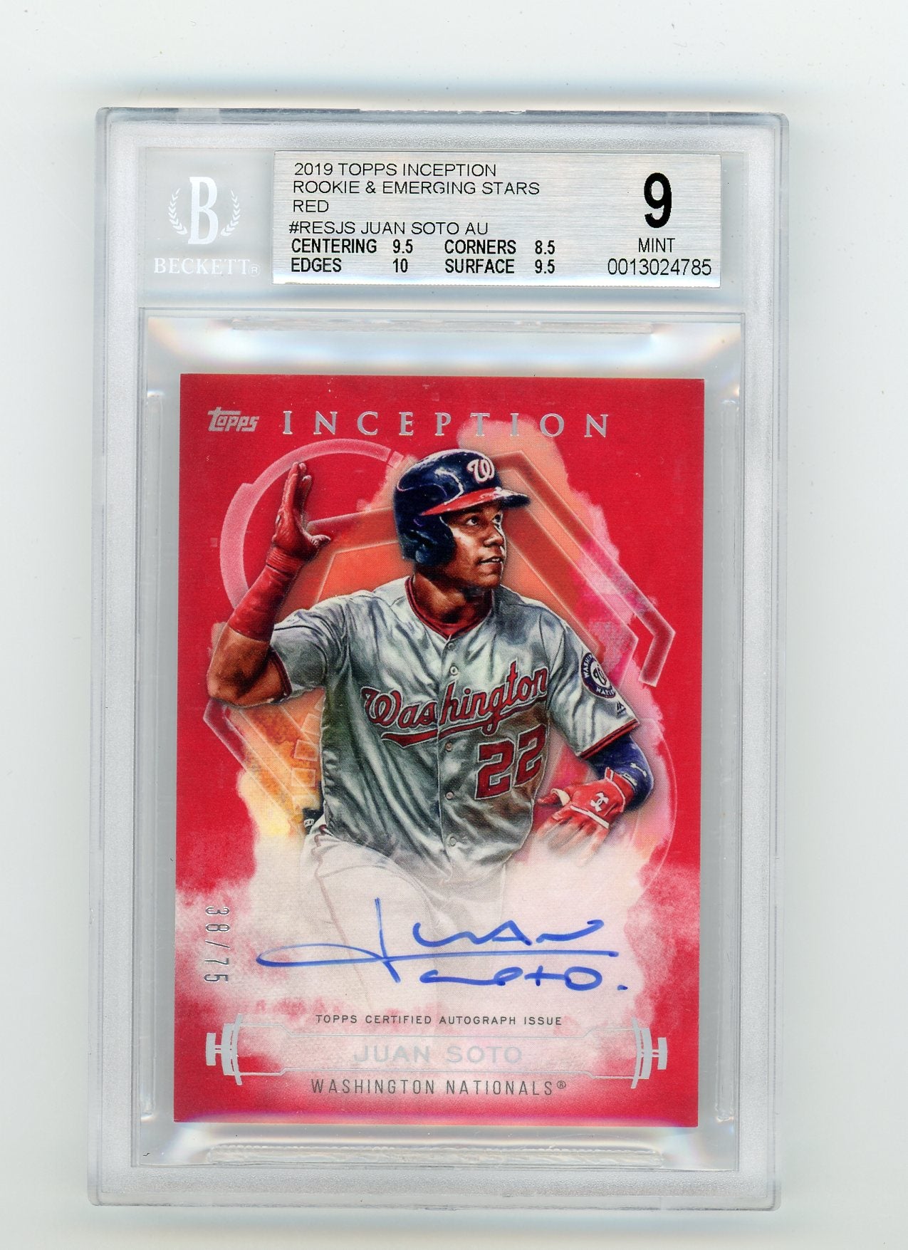 2019 Topps Inception Rookie and Emerging Stars Autographs Red #RESJS Juan Soto #38/75 BGS 9 (Auto 9) | Eastridge Sports Cards