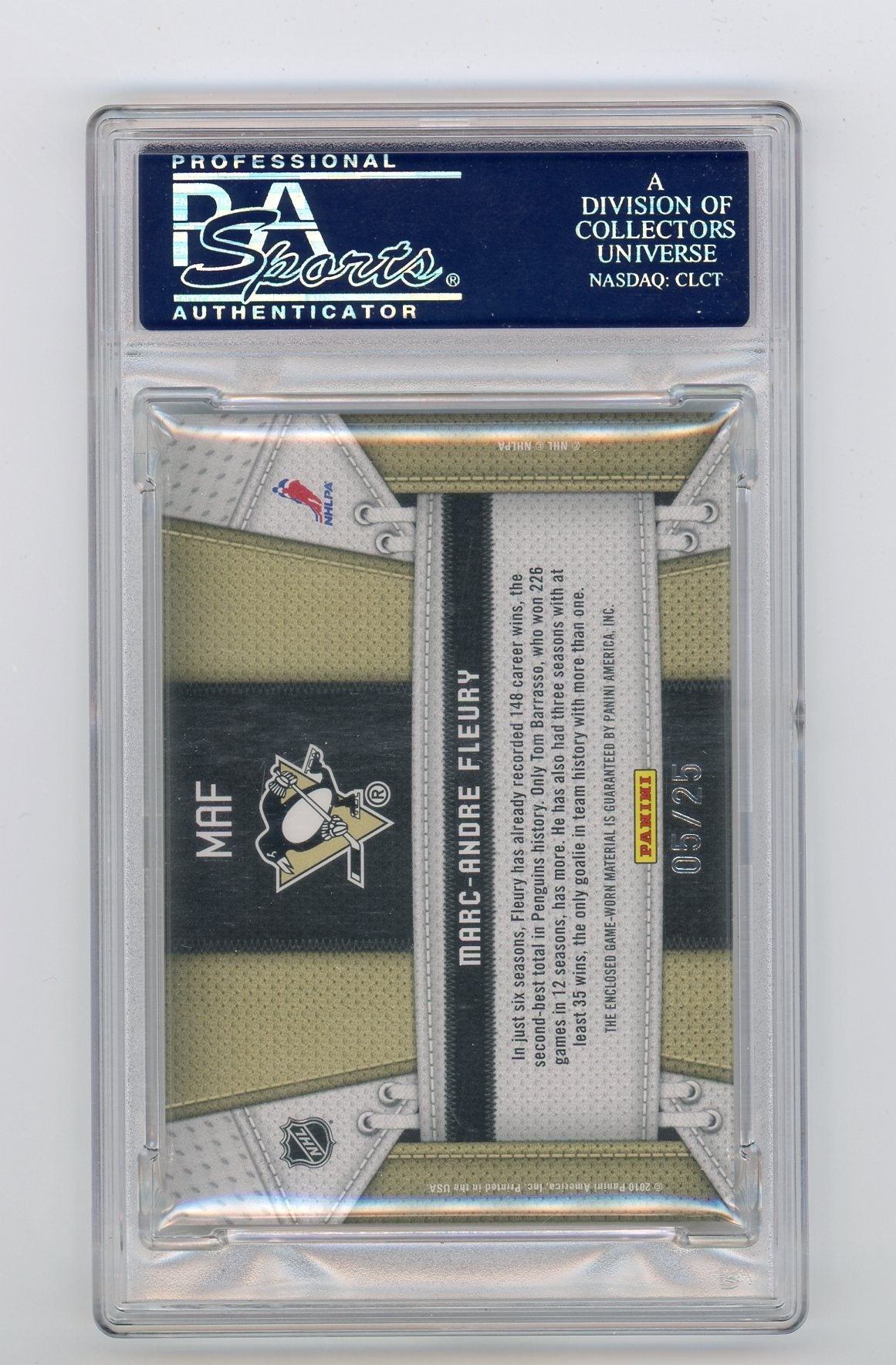 2010-11 Certified Fabric of the Game NHL Die Cut #MAF Marc-Andre Fleury #05/25 PSA 10 | Eastridge Sports Cards
