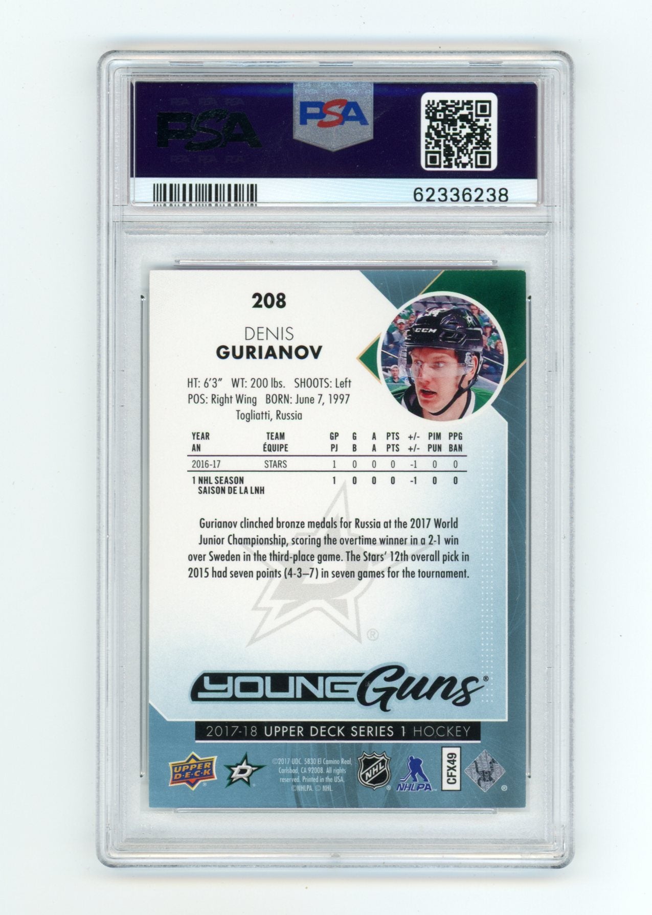 2017-18 Upper Deck #208 Denis Gurianov PSA 8 (Rookie) | Eastridge Sports Cards