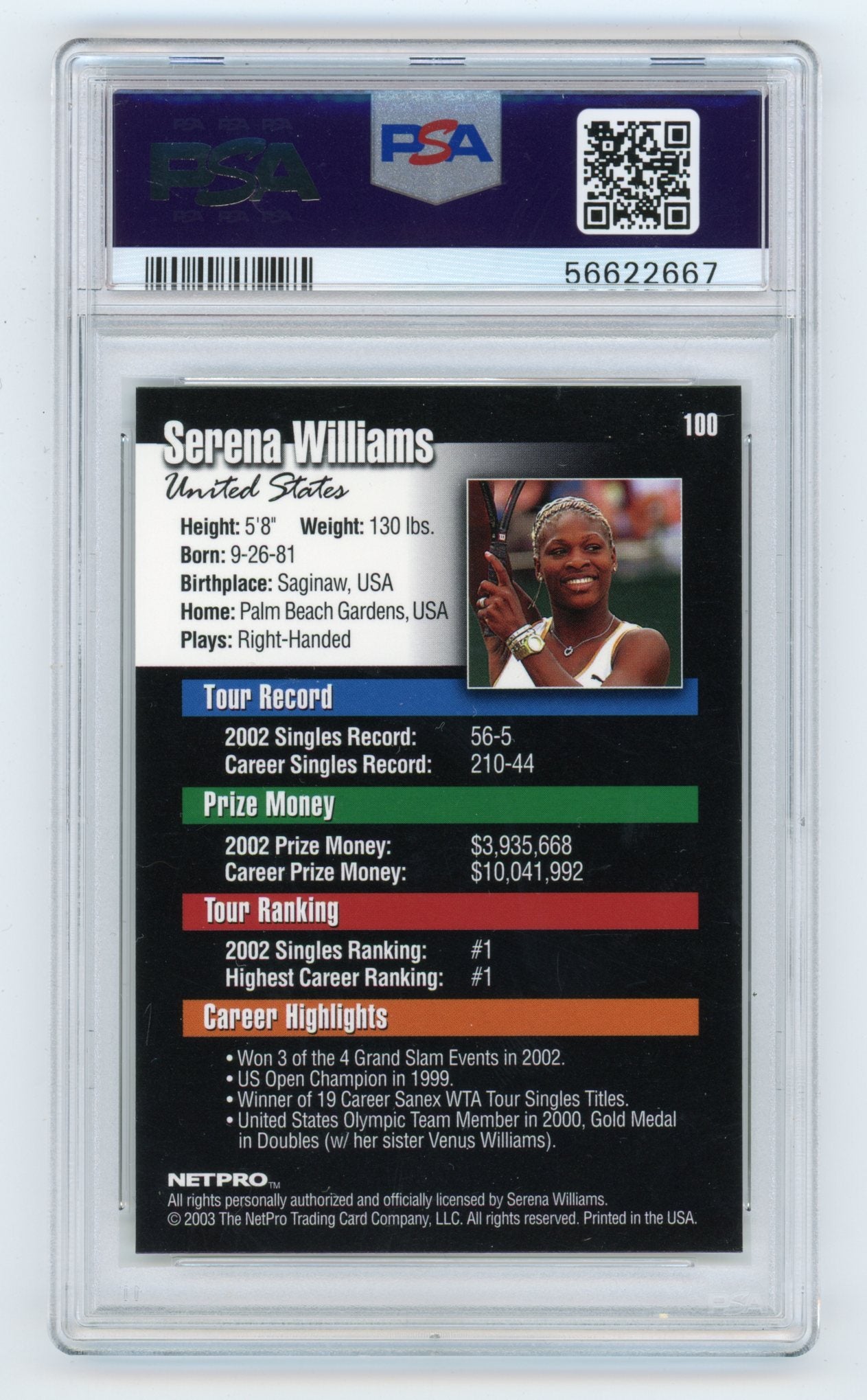 2003 NetPro #100 Serena Williams PSA 9 | Eastridge Sports Cards