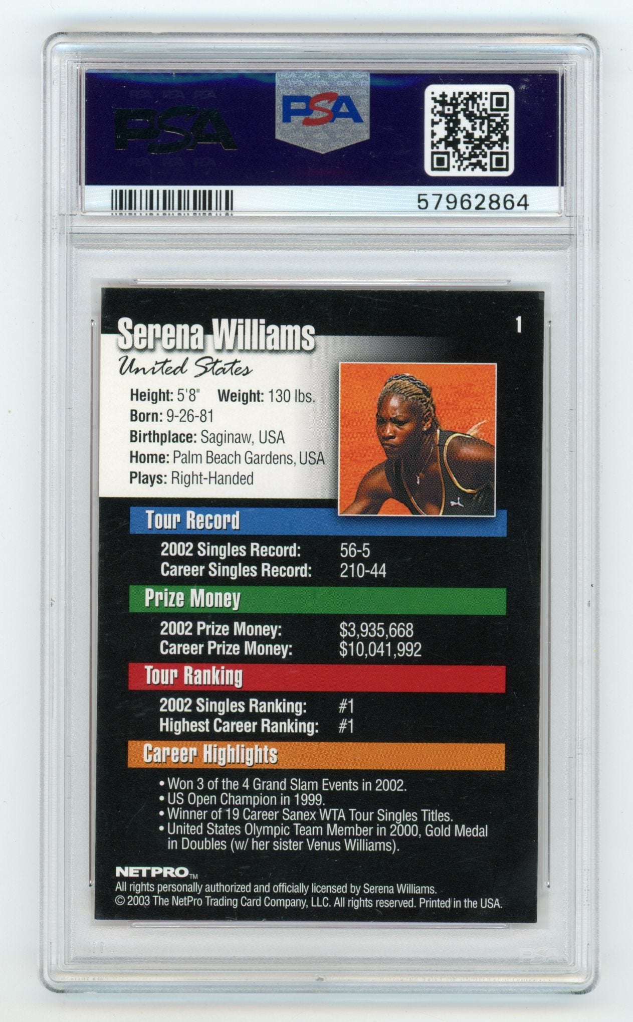 2003 NetPro #1 Serena Williams PSA 9 | Eastridge Sports Cards
