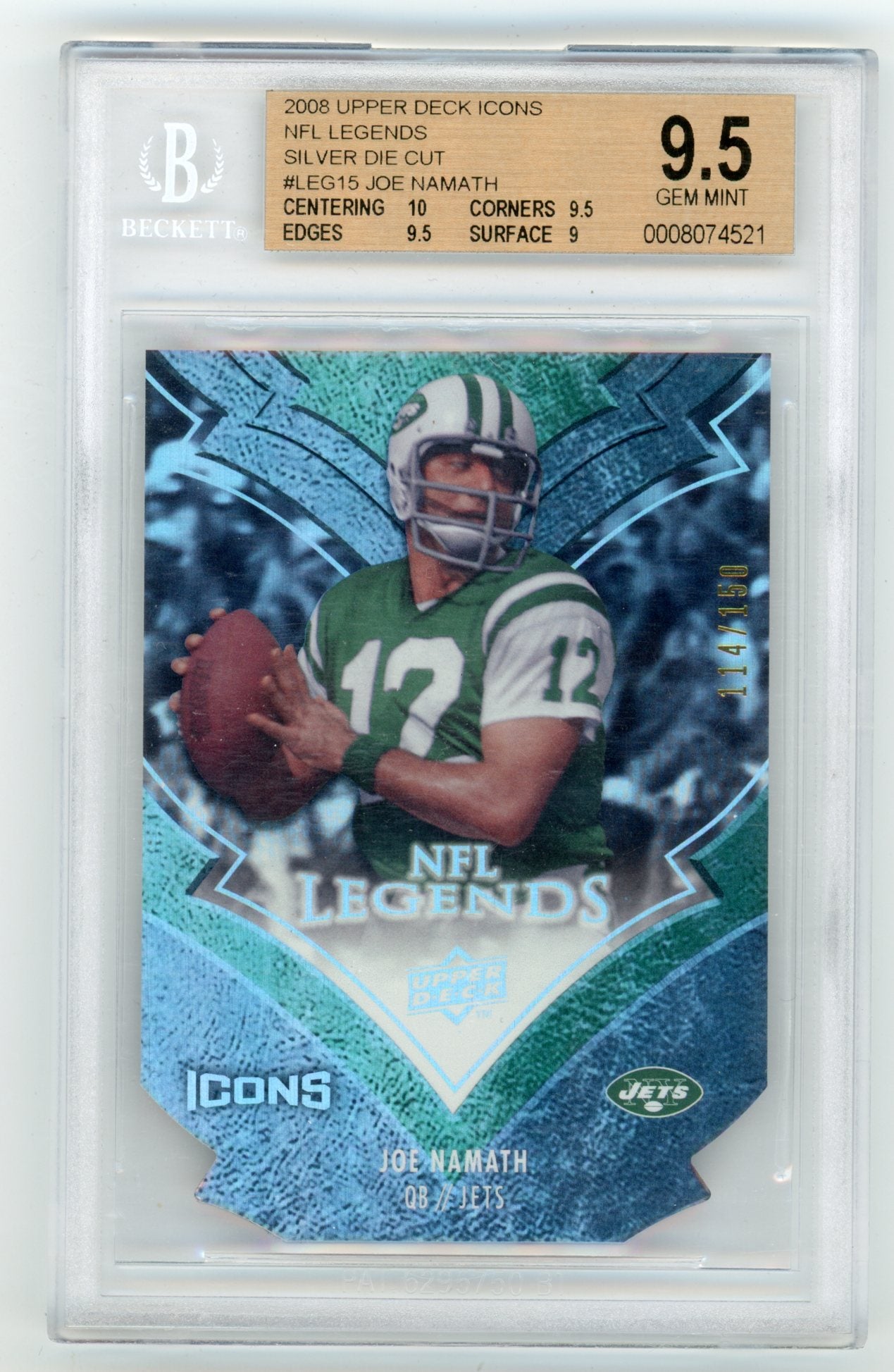 2008 Upper Deck Icons NFL Legends Silver Die-Cut #LEG15 Joe Namath #114/150 BGS 9.5 | Eastridge Sports Cards