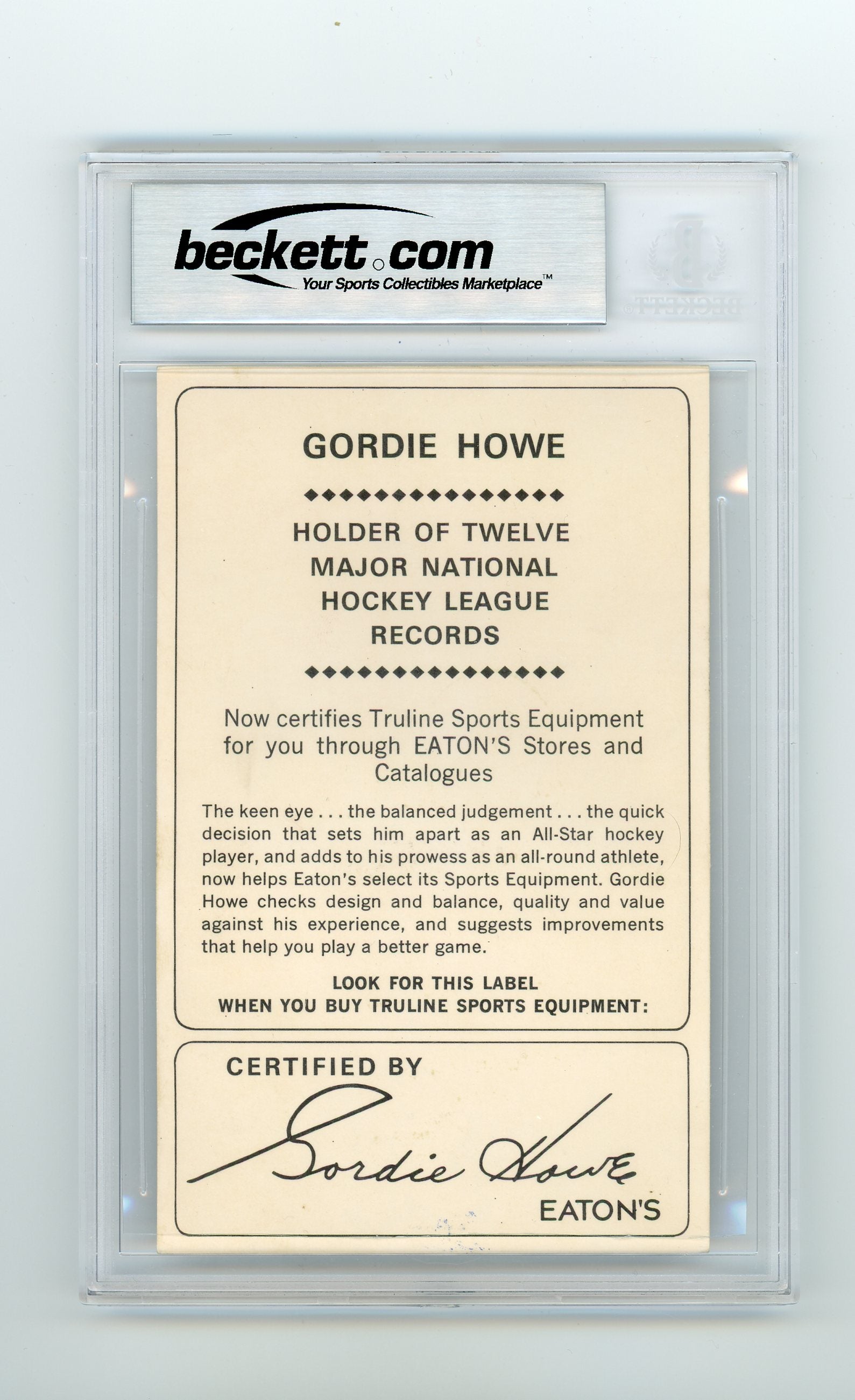 Gordie Howe Signed Eaton's Promo Card Beckett Authenticated Auto Grade 9 | Eastridge Sports Cards