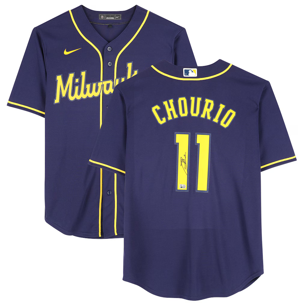 Jackson Chourio Milwaukee Brewers Autographed Navy Nike Replica Jersey (Fanatics Authentic)