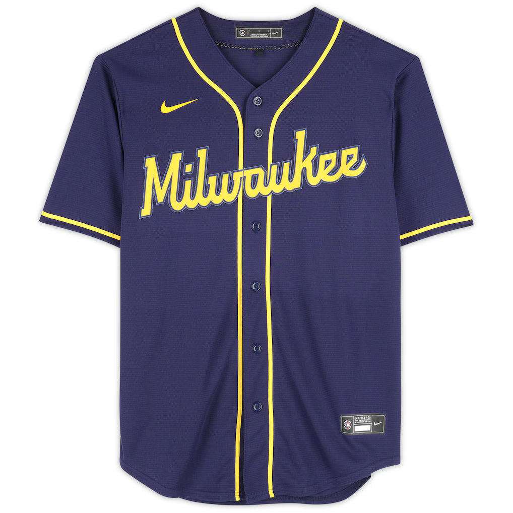 Jackson Chourio Milwaukee Brewers Autographed Navy Nike Replica Jersey (Fanatics Authentic)