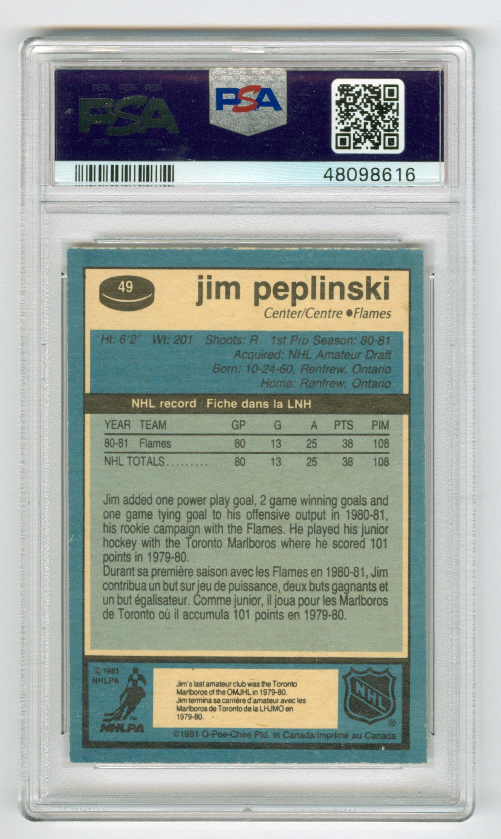 1981-82 O-Pee-Chee #49 Jim Peplinski PSA 8 (Rookie) | Eastridge Sports Cards