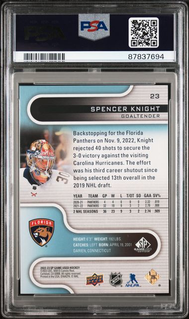 2022-23 SP Game Used #23 Spencer Knight #29/30 PSA 9 | Eastridge Sports Cards