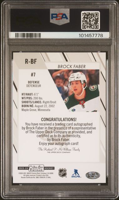 2023-24 O-Pee-Chee Platinum Rookie Autographs #RBF Brock Faber PSA 10 (Rookie) | Eastridge Sports Cards
