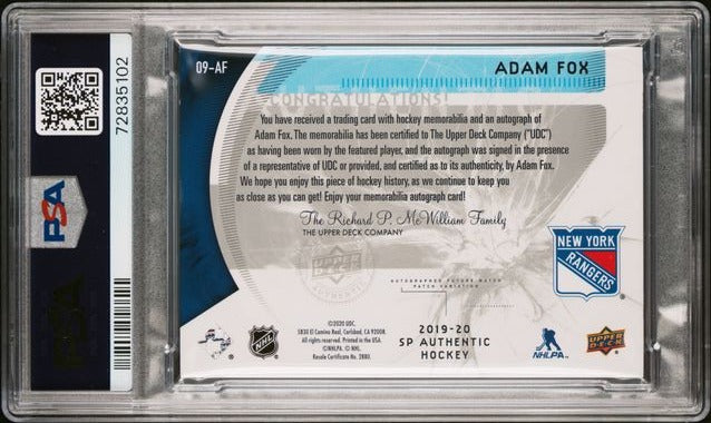 2019-20 SP Authentic '09-10 Retro Future Watch Patch Autographs #09AF Adam Fox #30/50 PSA 9 (Rookie) | Eastridge Sports Cards
