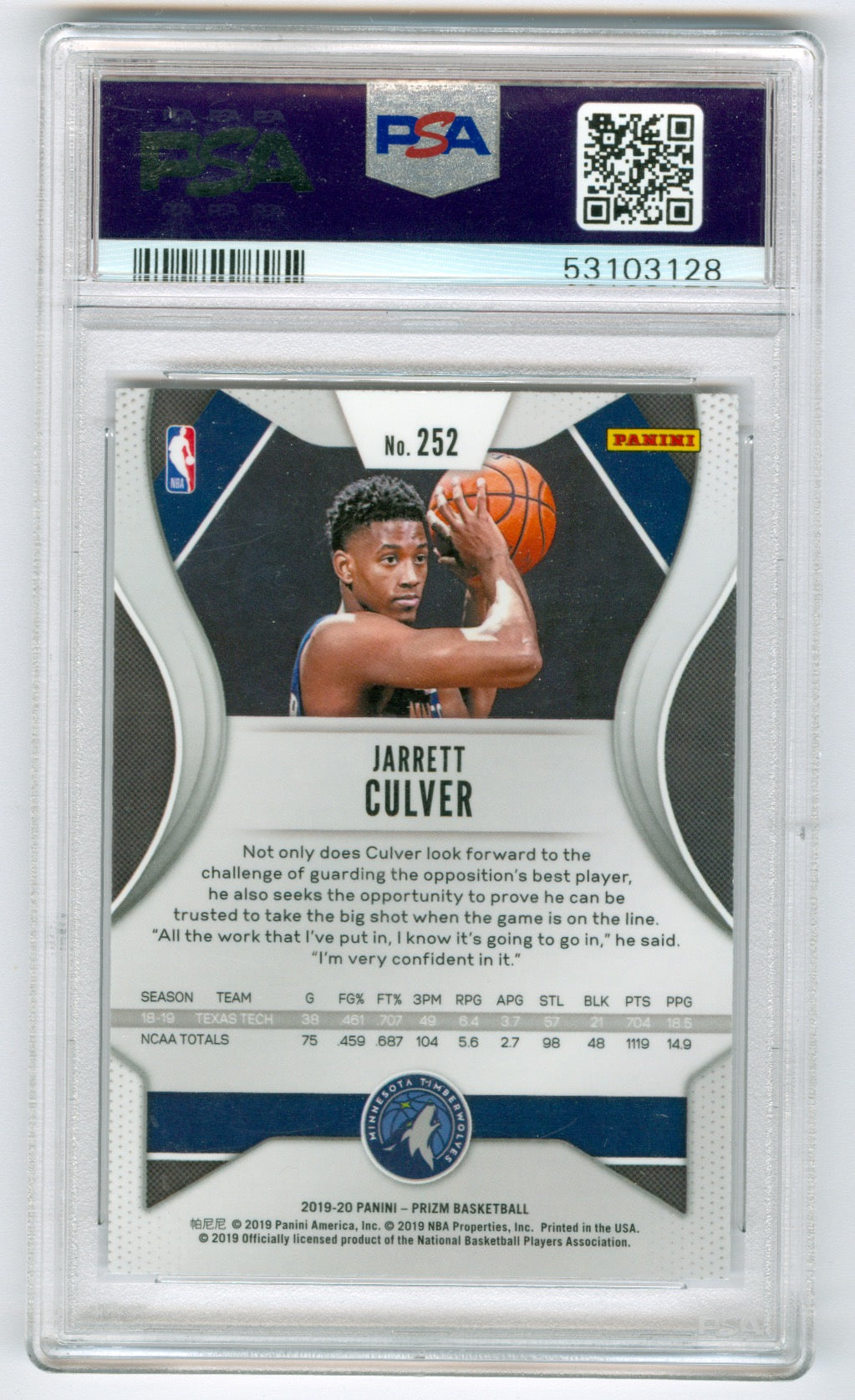 2019-20 Panini Prizm #252 Jarrett Culver PSA 10 (Rookie)
