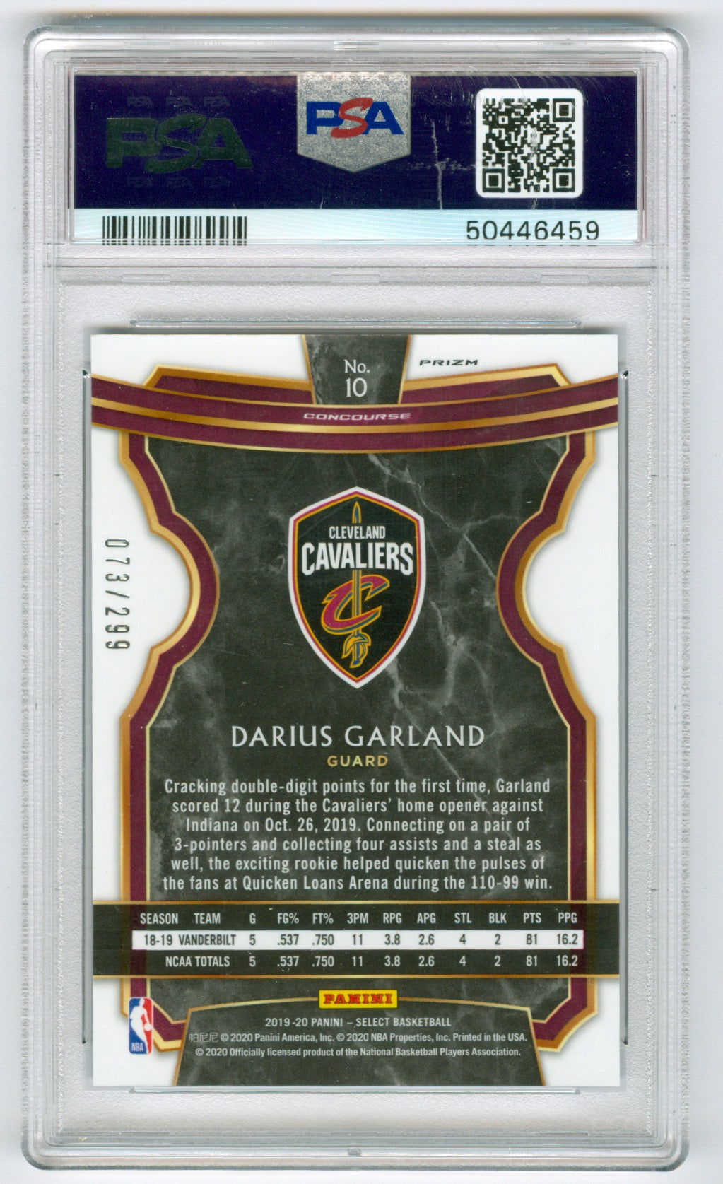2019-20 Panini Select Light Blue Prizm #10 Darius Garland 073/299 PSA 10 (Rookie)