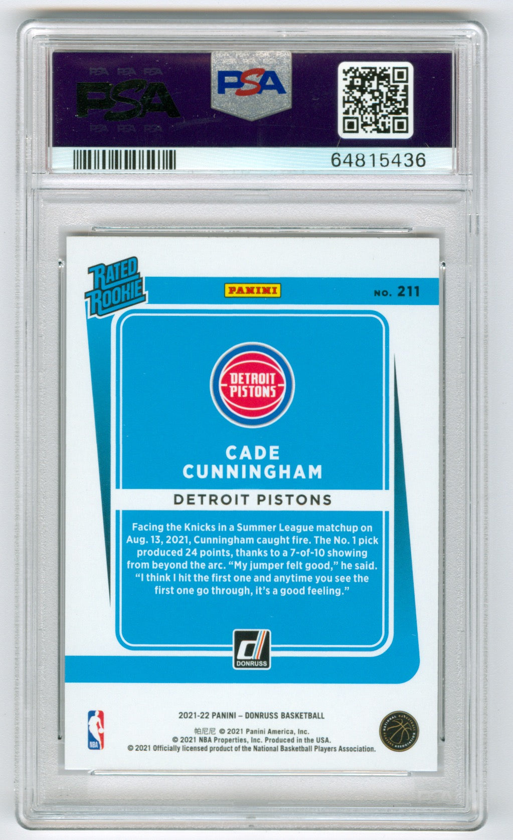 2021-22 Donruss Choice #211 Cade Cunningham PSA 10 (Rookie)