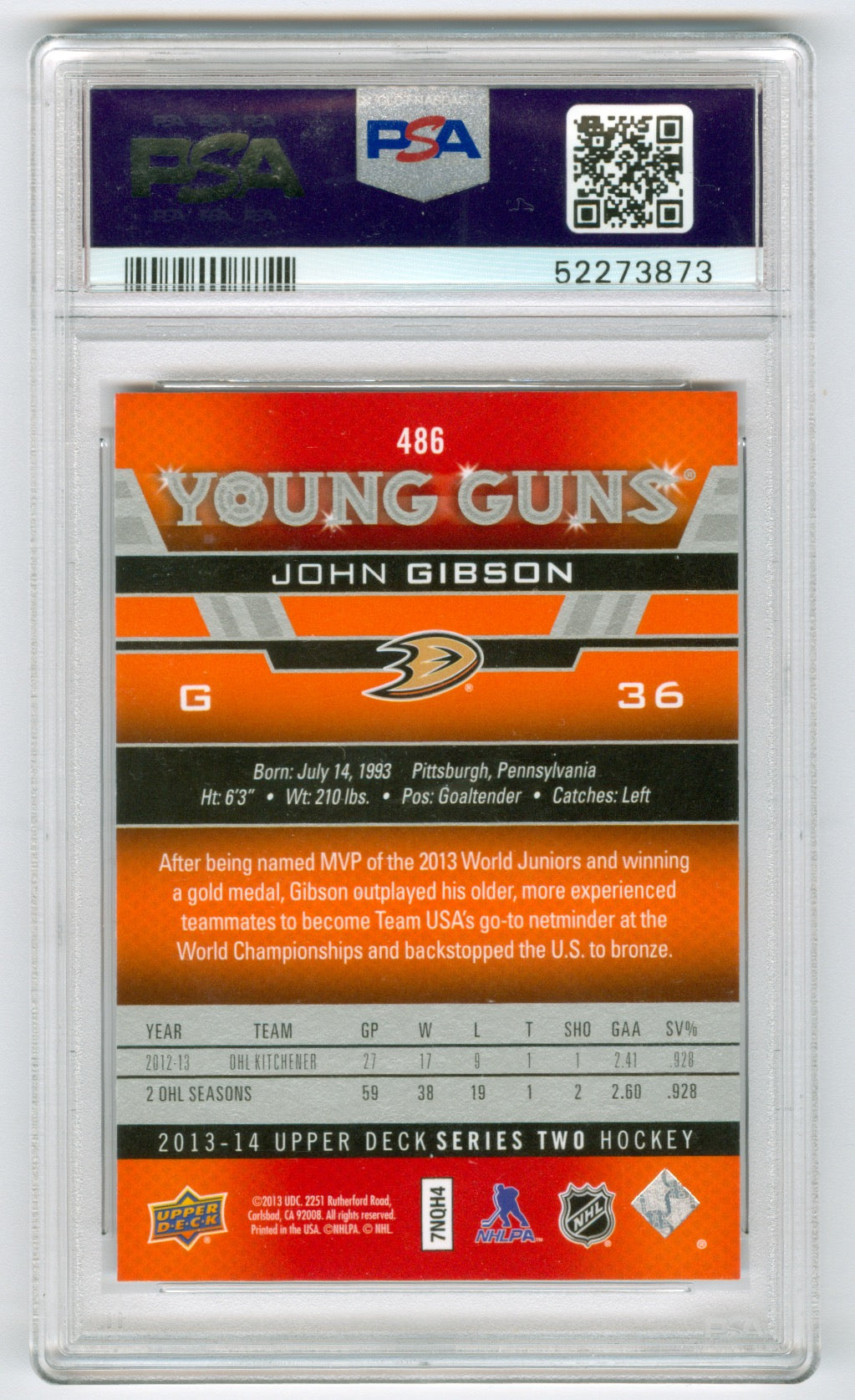 2013-14 Upper Deck #486 John Gibson PSA 9 (Rookie)