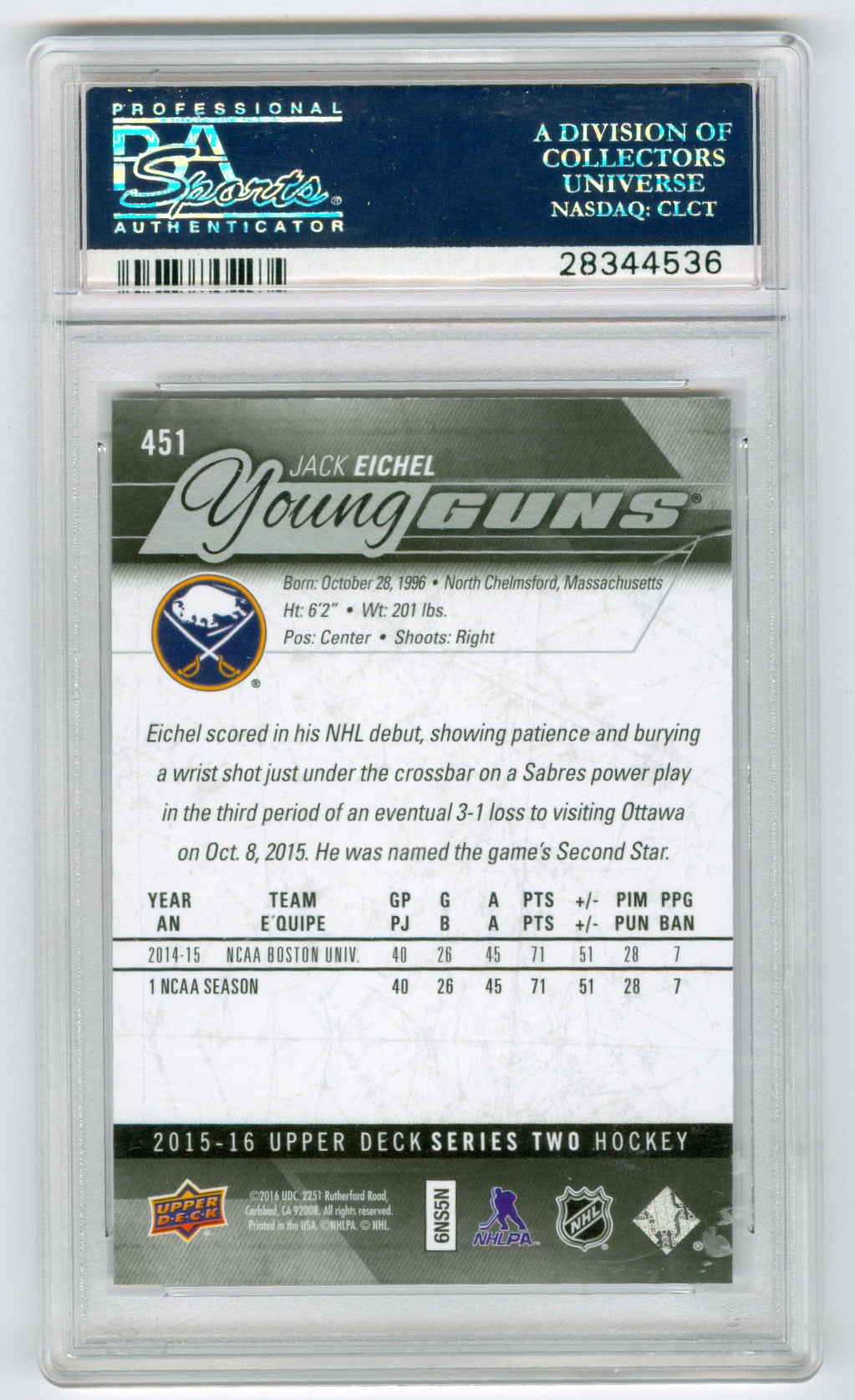 2015-16 Upper Deck #451 Jack Eichel PSA 10 (Rookie)
