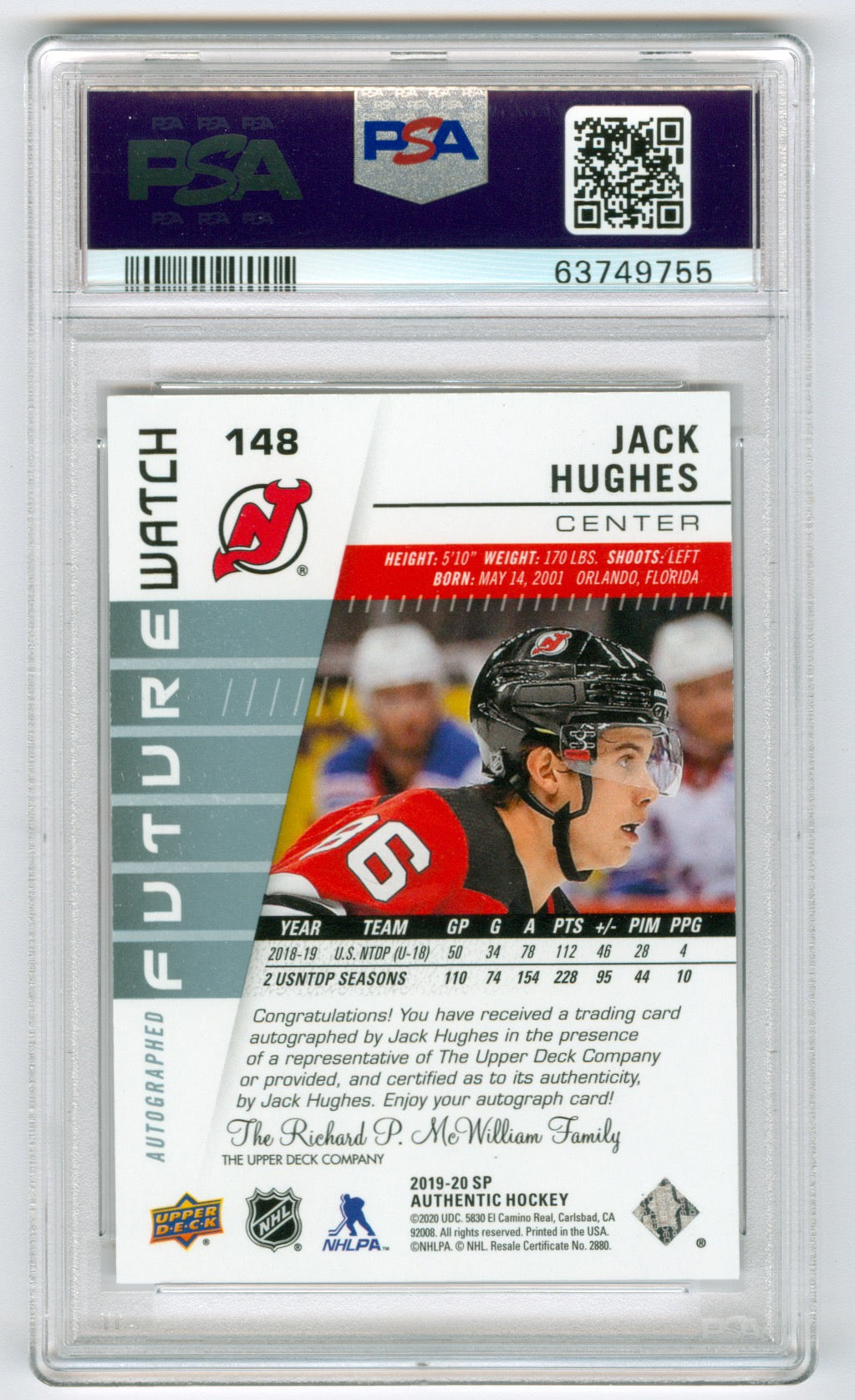 2019-20 SP Authentic #148 Jack Hughes #453/999 PSA 10 (Rookie)