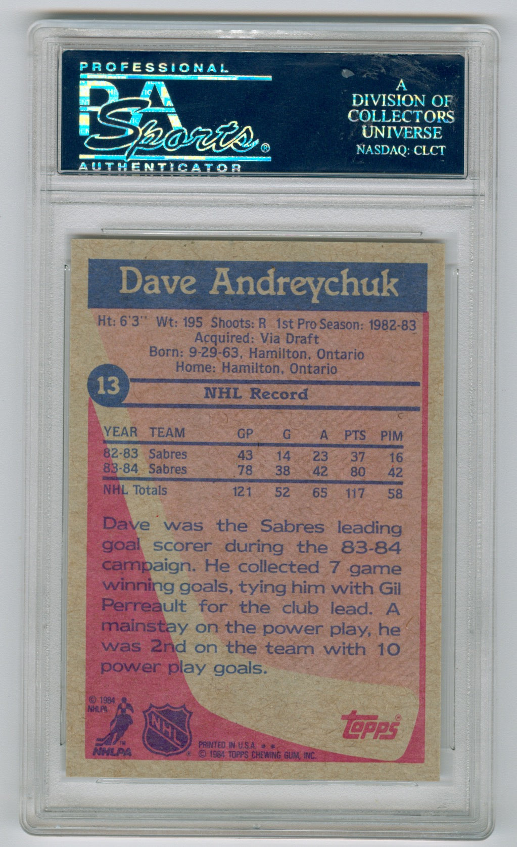 1984-85 Topps #13 Dave Andreychuk PSA 10 (Rookie)