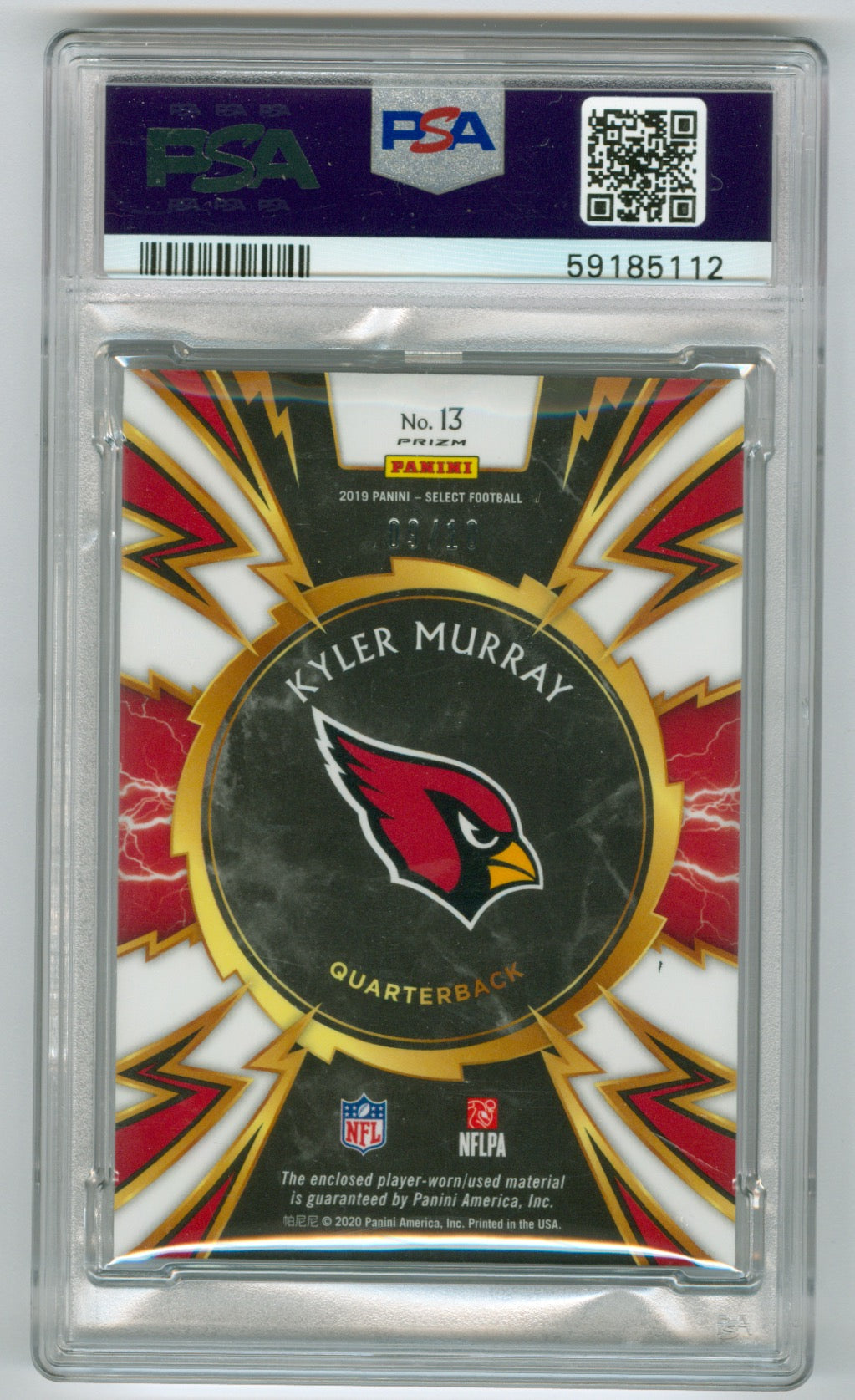 2019 Panini Select Sparks Prizm Relic Gold #13 Kyler Murray #09/10 PSA 10 (Rookie)