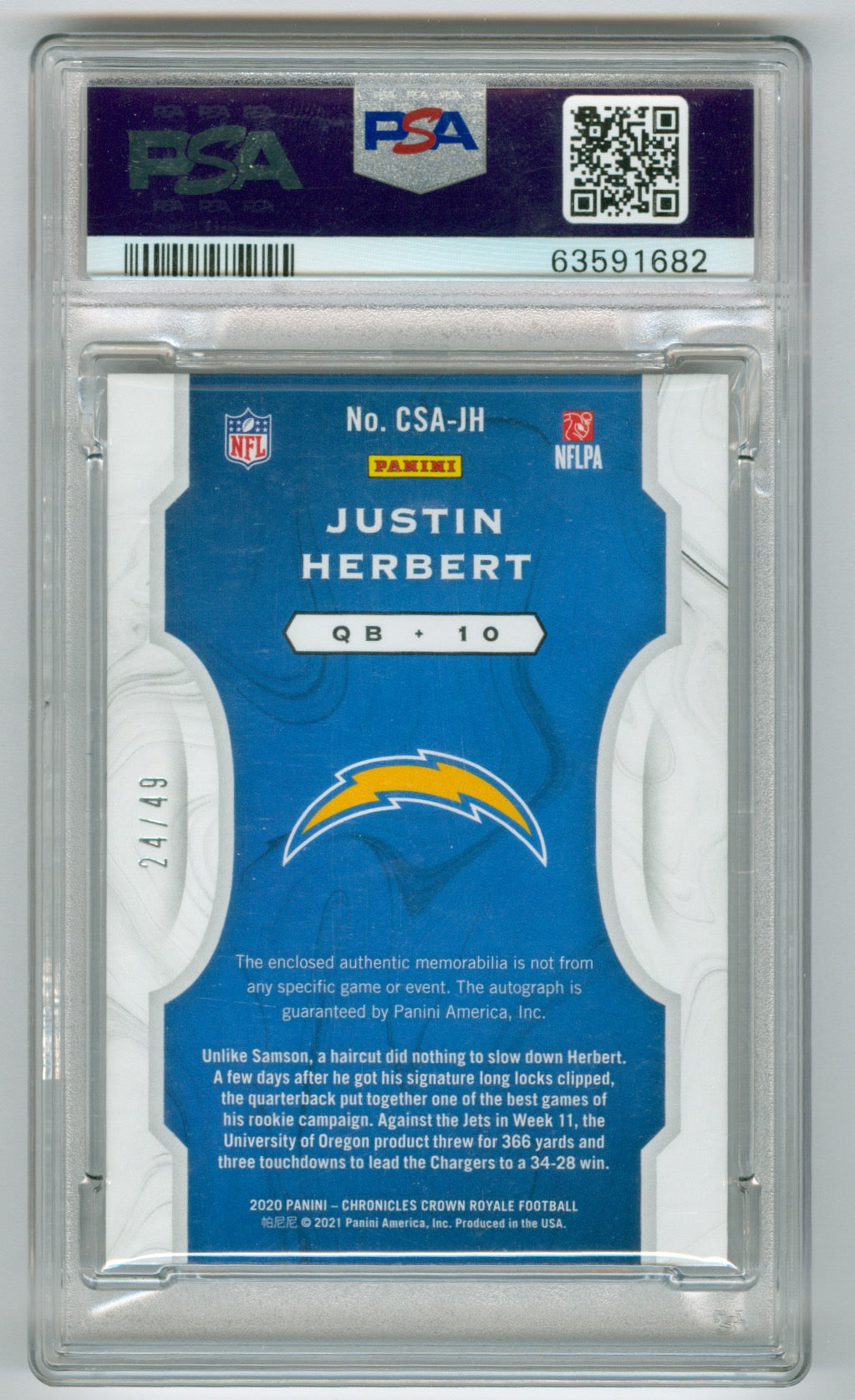 2020 Panini Chronicles Crown Royale Silhouettes #CSAJH Justin Herbert #24/49 PSA 10 (Rookie)