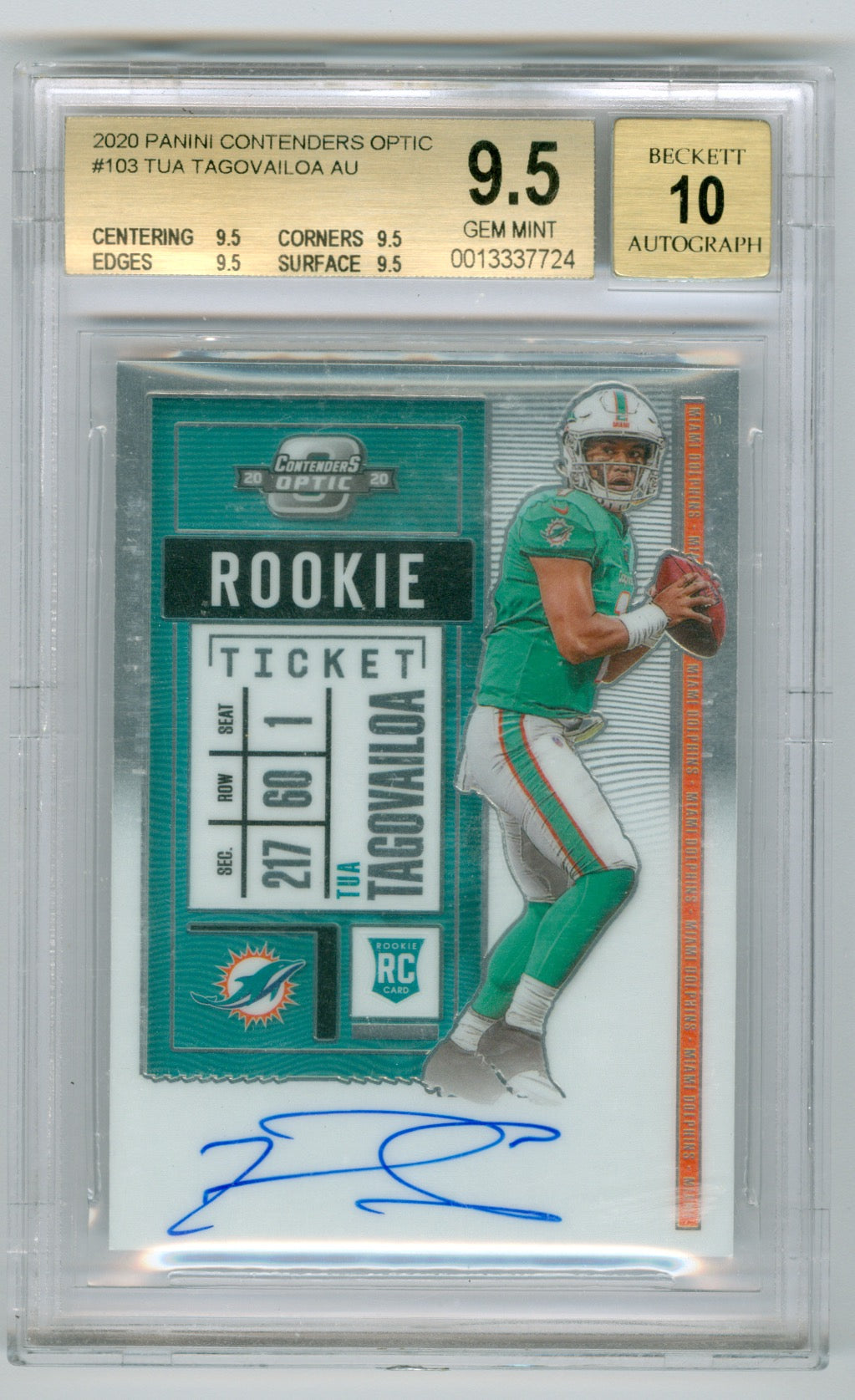 2020 Panini Contenders Optic #103 Tua Tagovailoa BGS 9.5 (Auto 10) (Rookie)