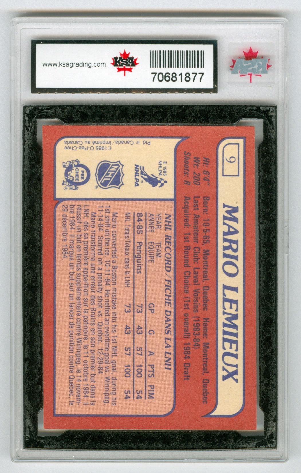 1985-86 O-Pee-Chee #9 Mario Lemieux KSA 8.5 (Rookie) | Eastridge Sports Cards