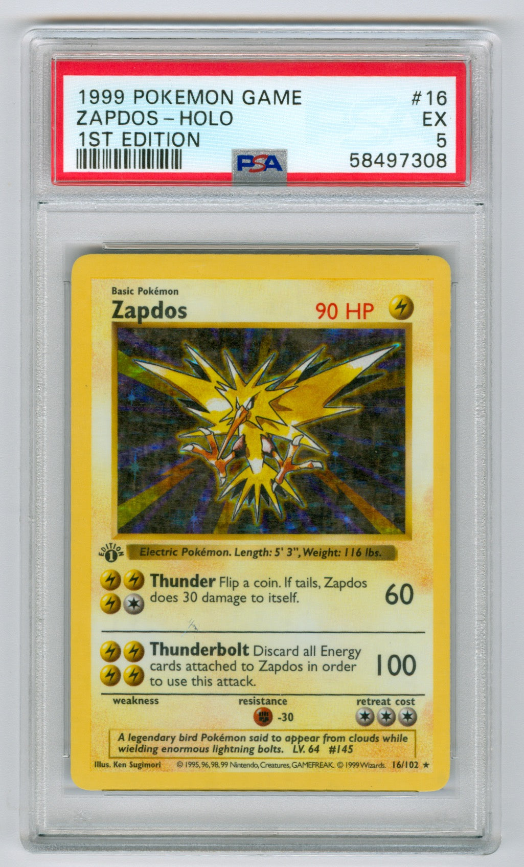 1999 Pokemon Base Set 1st Edition Shadowless #16 Zapdos- Holo PSA 5