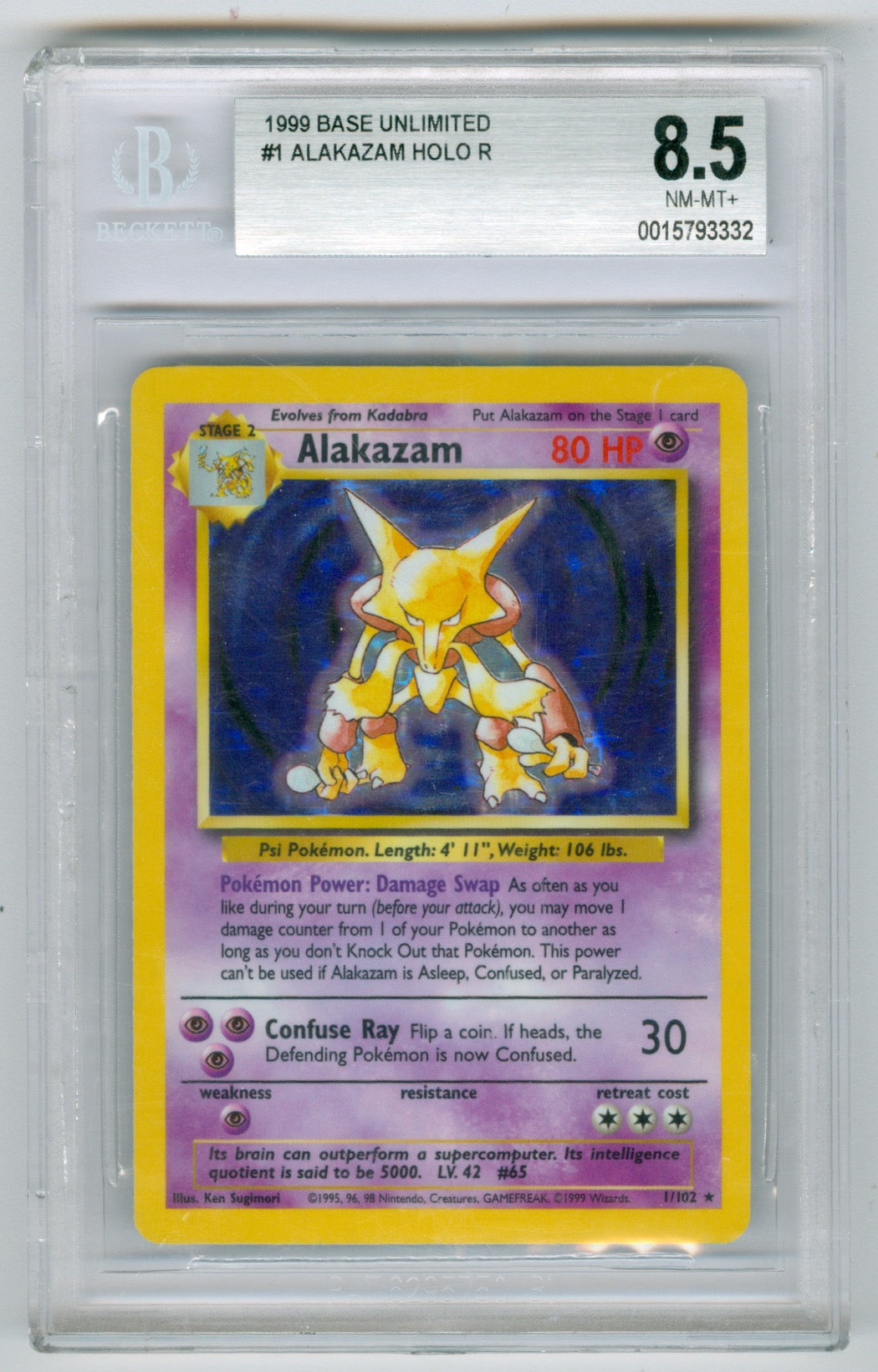 1999 Pokemon Base Set Unlimited #1 Alakazam- Holo BGS 8.5 (Damaged Case)