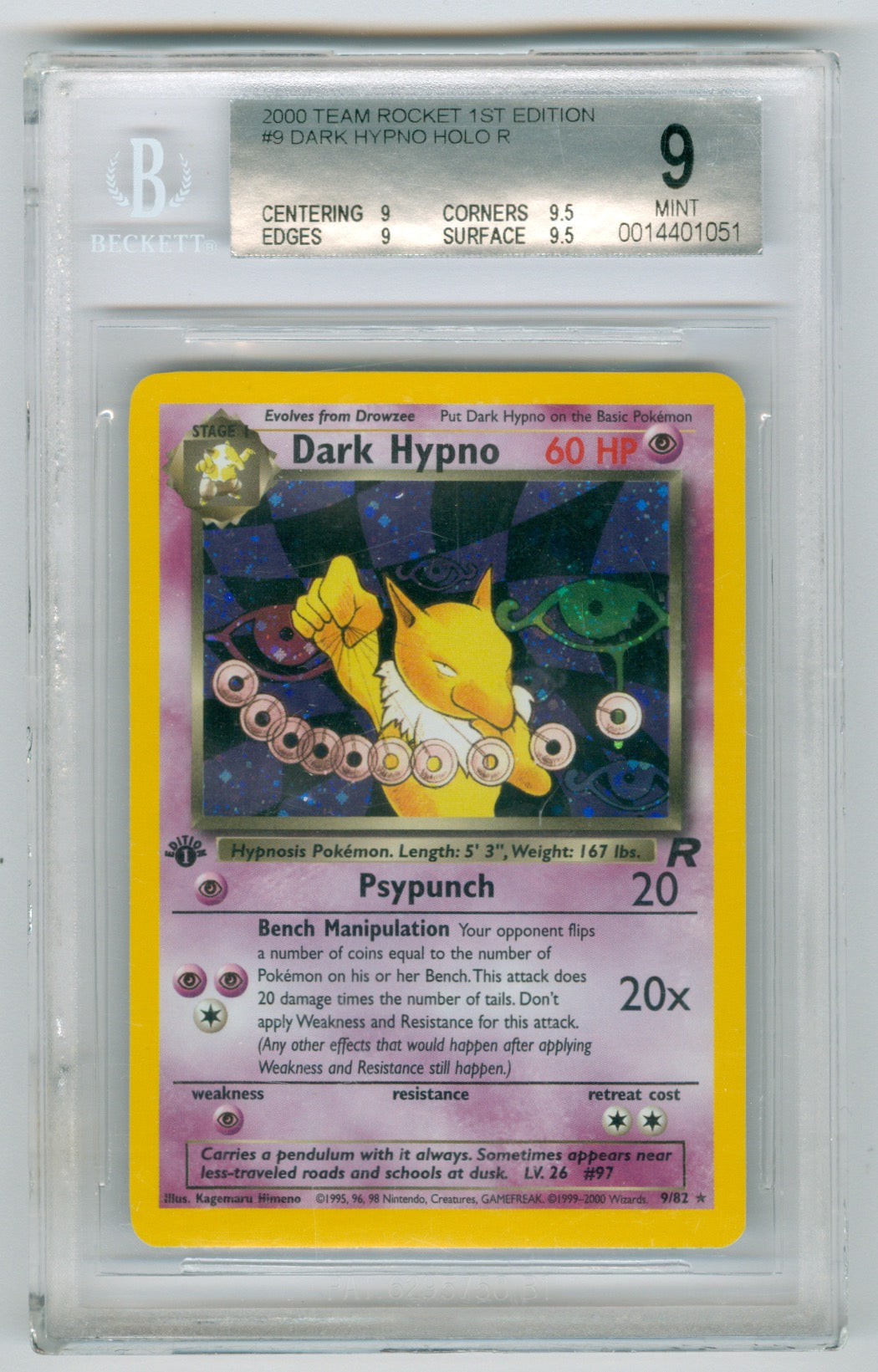 2000 Pokemon Team Rocket 1st Edition #9 Dark Hypno- Holo BGS 9 (Damaged Case)