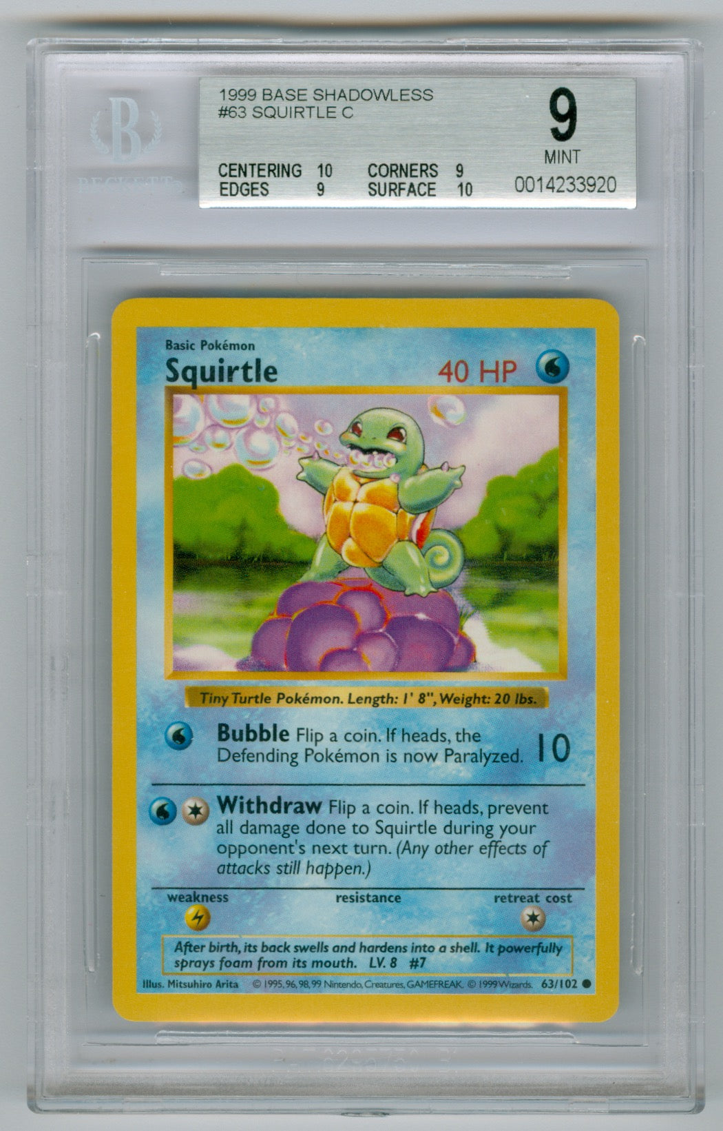 1999 Pokemon Base Set Unlimited Shadowless #63 Squirtle BGS 9