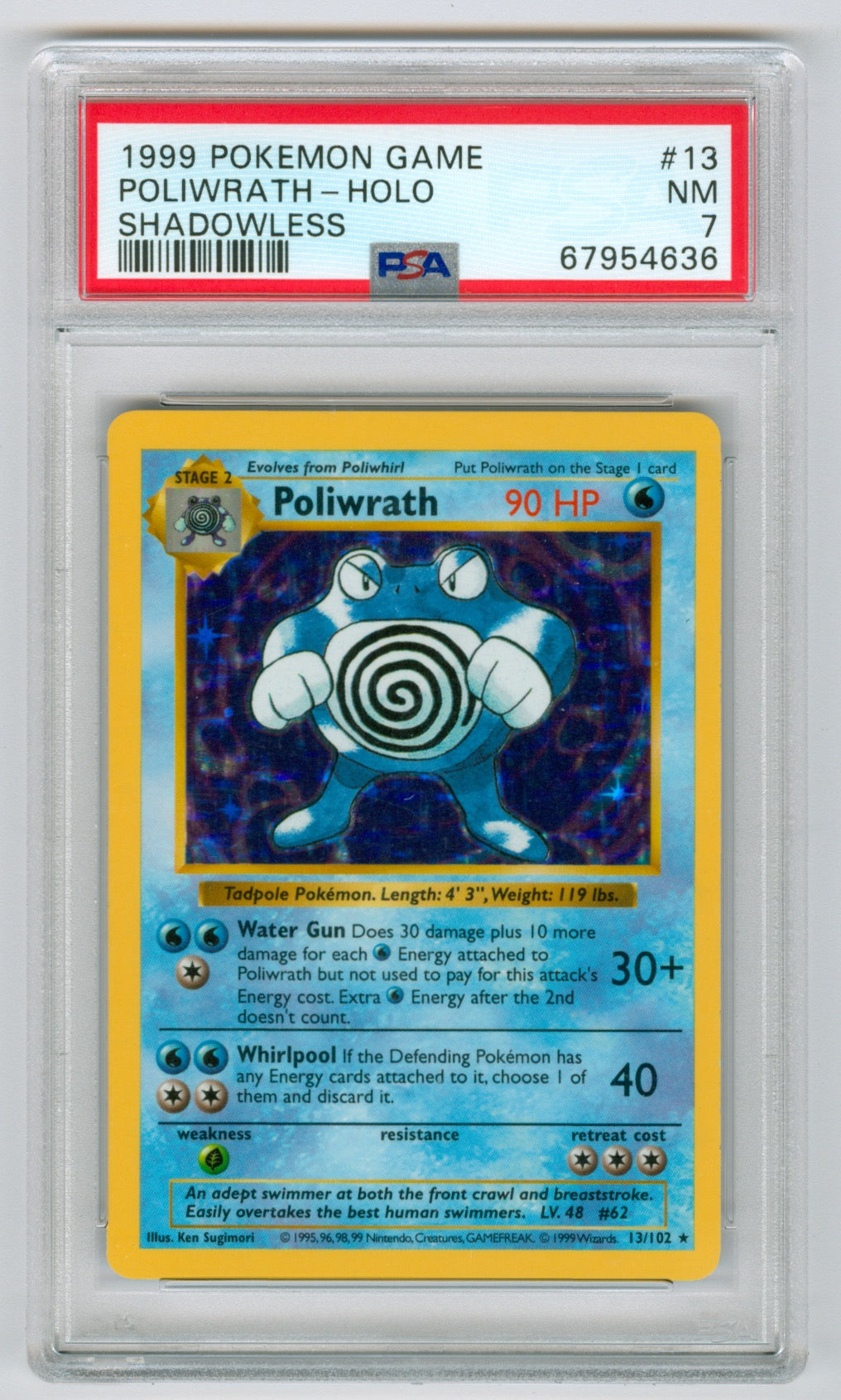 1999 Pokemon Base Set Unlimited Shadowless #13 Poliwrath- Holo PSA 7