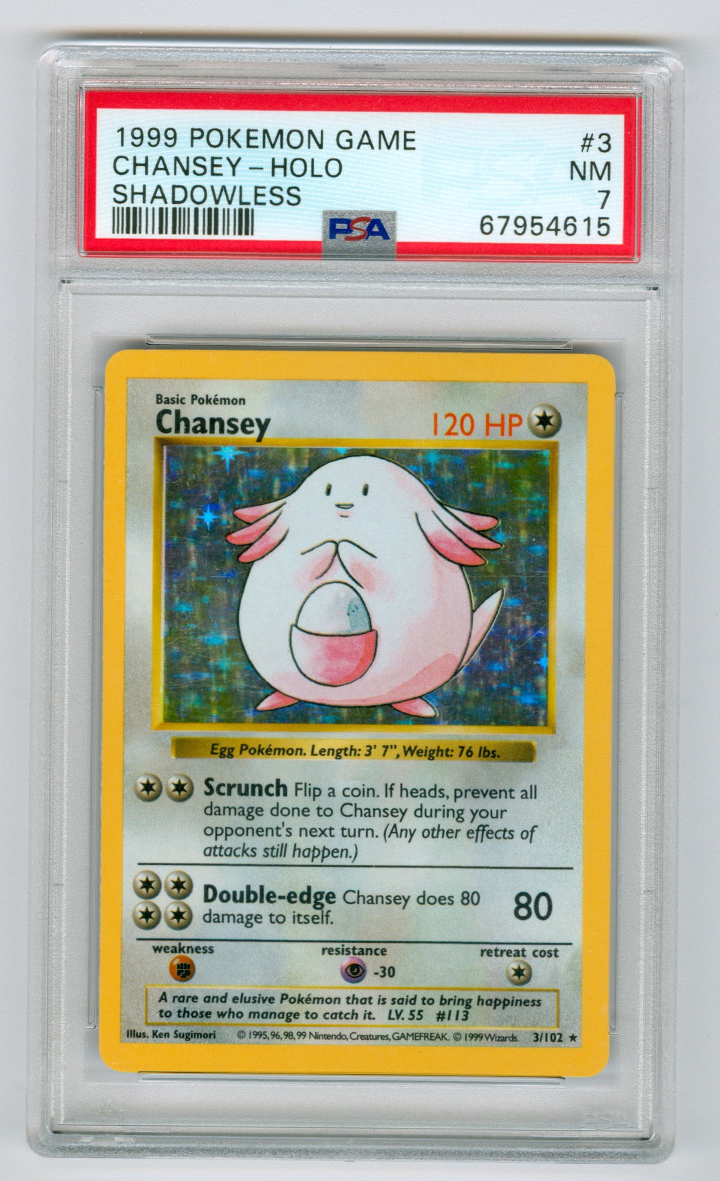 1999 Pokemon Base Set Unlimited Shadowless #3 Chansey- Holo PSA 10