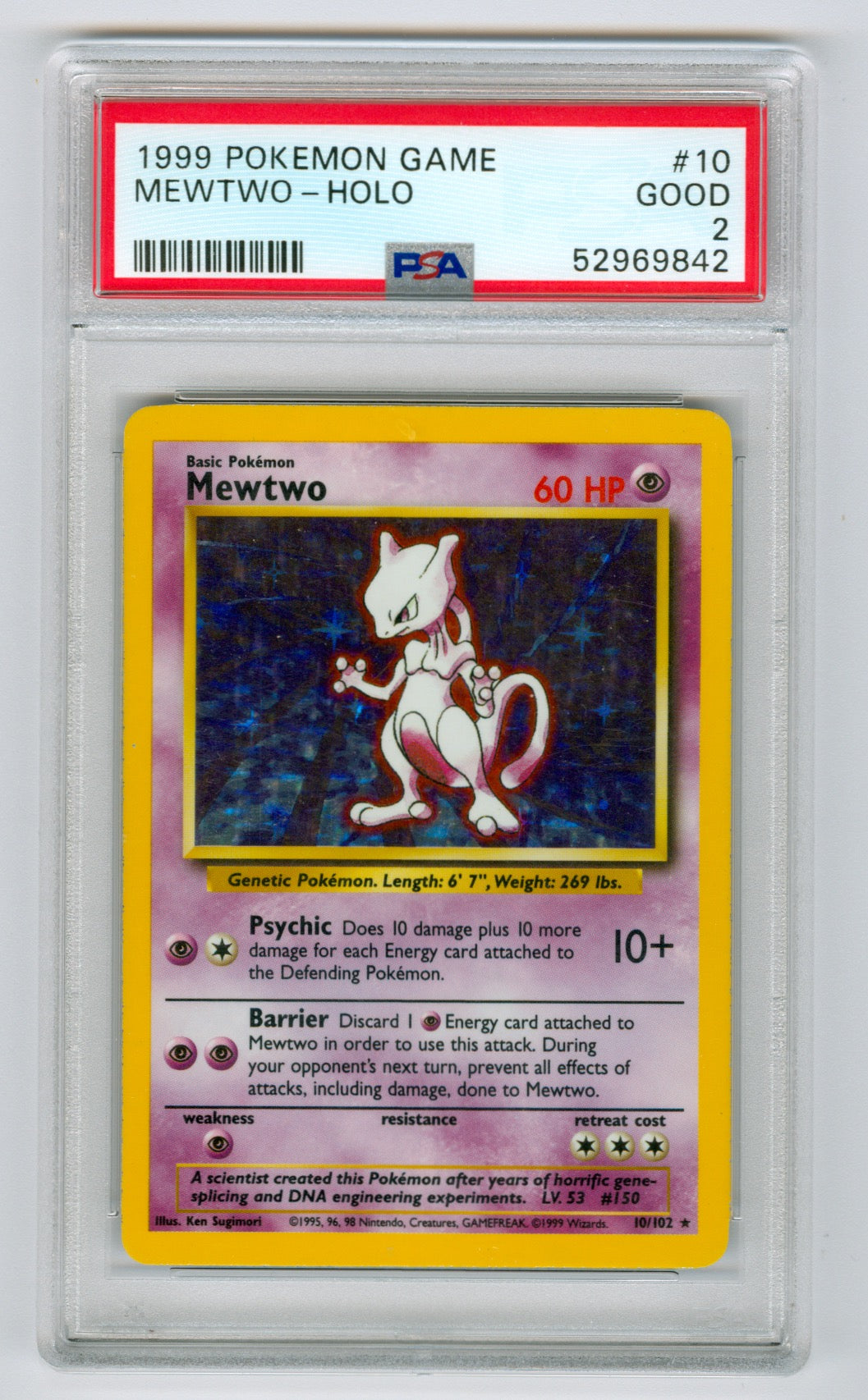 1999 Pokemon Base Set Unlimited #2 Mewtwo- Holo PSA 2