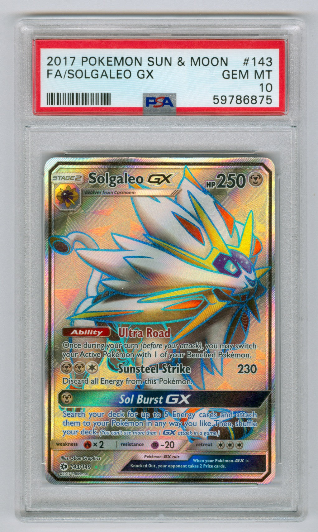 2017 Pokemon Sun & Moon #143 Solgaleo GX-  Full Art PSA 10