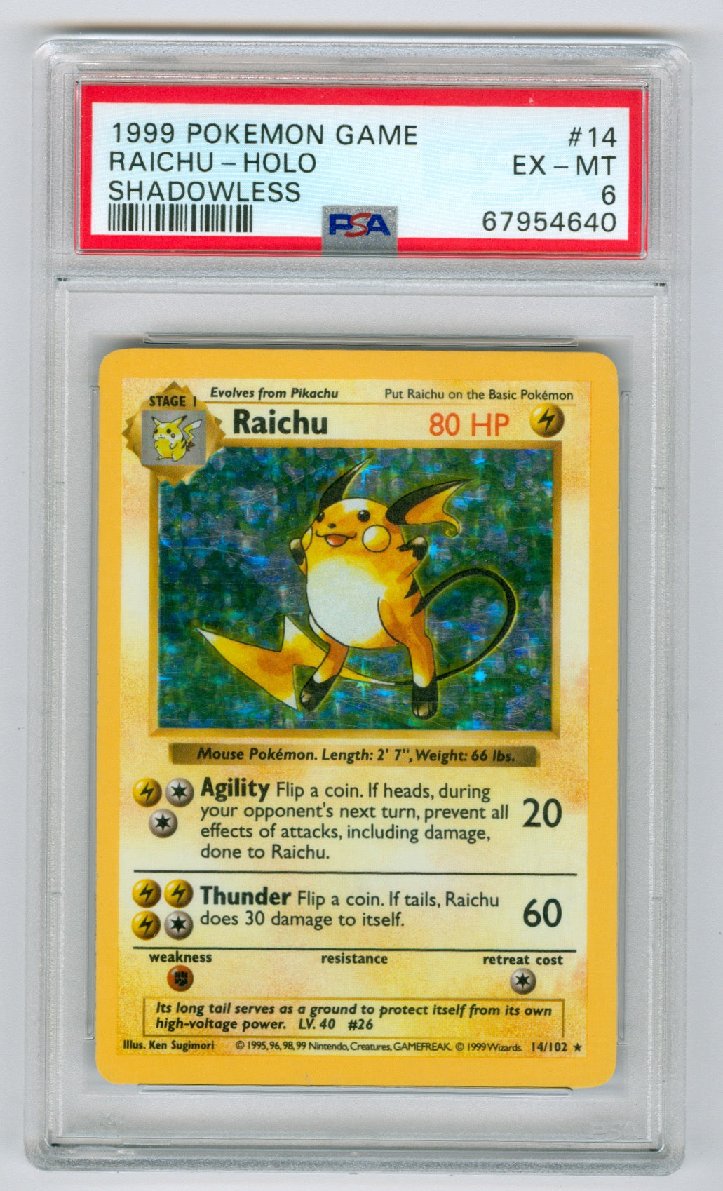 1999 Pokemon Base Set Unlimited Shadowless #14 Raichu- Holo PSA 6