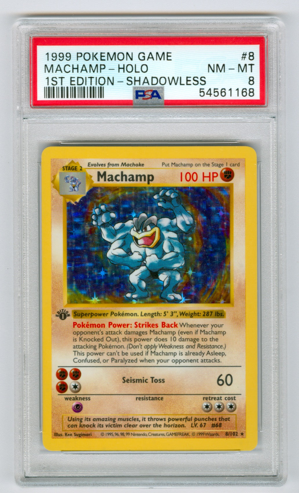 1999 Pokemon Base Set 1st Edition Shadowless #8 Machamp- Holo PSA 8