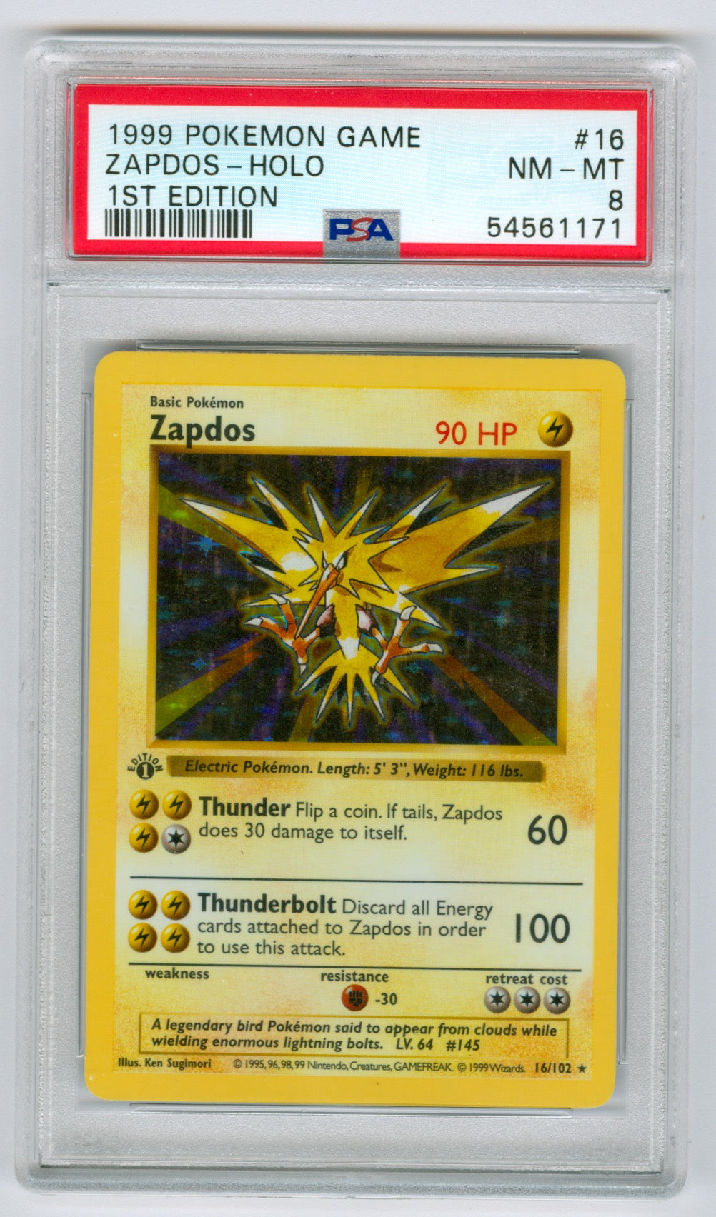 1999 Pokemon Base Set 1st Edition Shadowless #16 Zapdos- Holo PSA 8