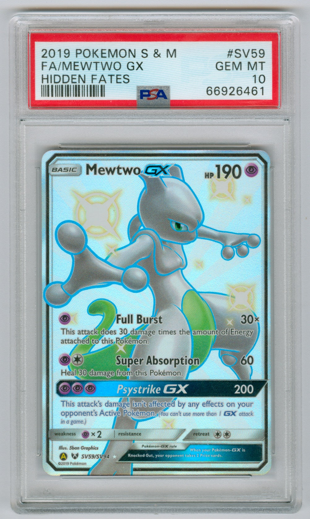 2019 Pokemon Hidden Fates #SV59 Mewtwo GX- Full Art PSA 10