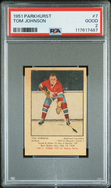 1951-52 Parkhurst #7 Tom Johnson PSA 2 (Rookie)