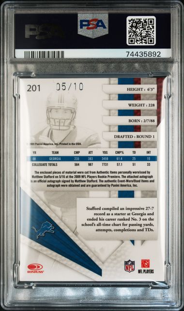2009 Absolute Memorabilia Rookie Premiere Materials Autographs AFC/NFC Spectrum Prime #201 Matthew Stafford #05/10 PSA 6 (Rookie) | Eastridge Sports Cards