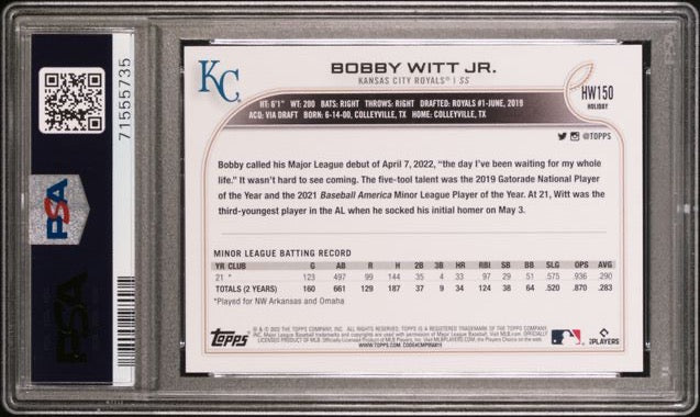 2022 Topps Holiday Photo Variations #HW150 Bobby Witt Jr. Candy Cane Bat SP PSA 10 (Rookie) | Eastridge Sports Cards