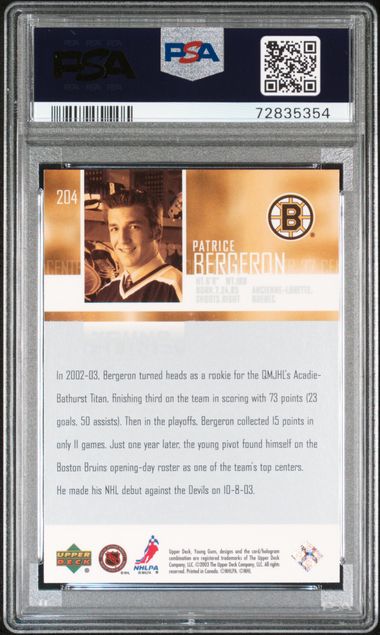 2003-04 Upper Deck #204 Patrice Bergeron PSA 8 (Rookie) | Eastridge Sports Cards