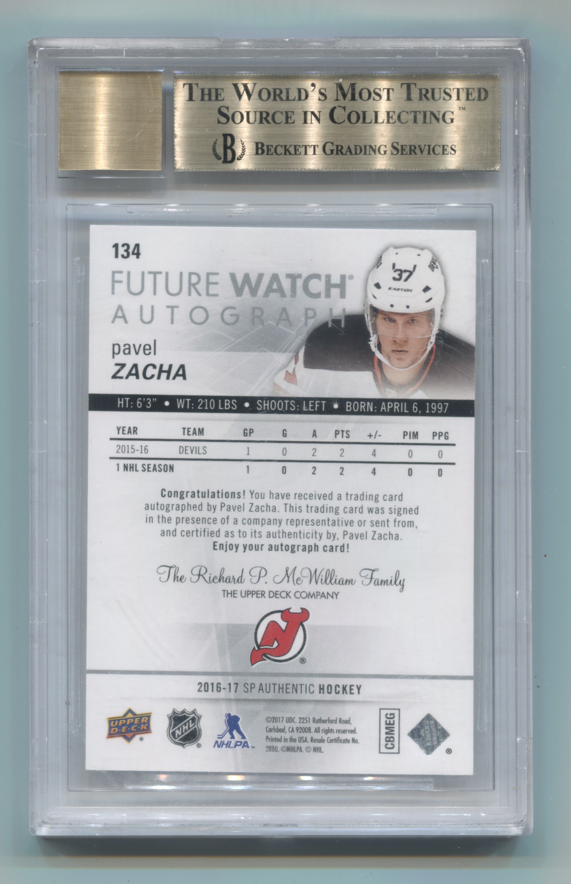 2016-17 SP Authentic #134 Pavel Zacha #187/999 BGS 9.5 (Auto 10) (Rookie) *Cracked Case* | Eastridge Sports Cards
