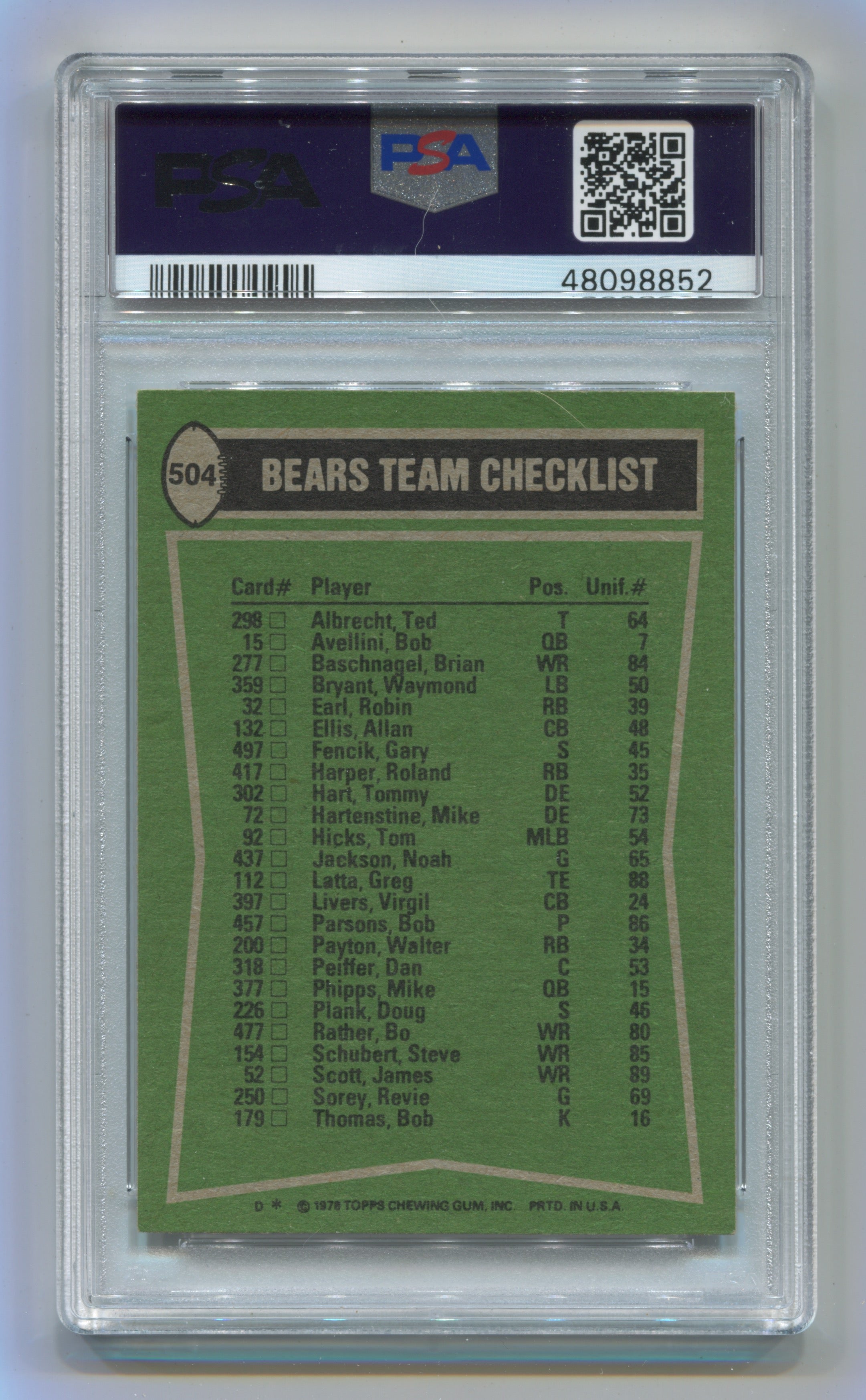 1978 Topps #504 Bears Team Leaders- Team Checklist PSA 7 | Eastridge Sports Cards