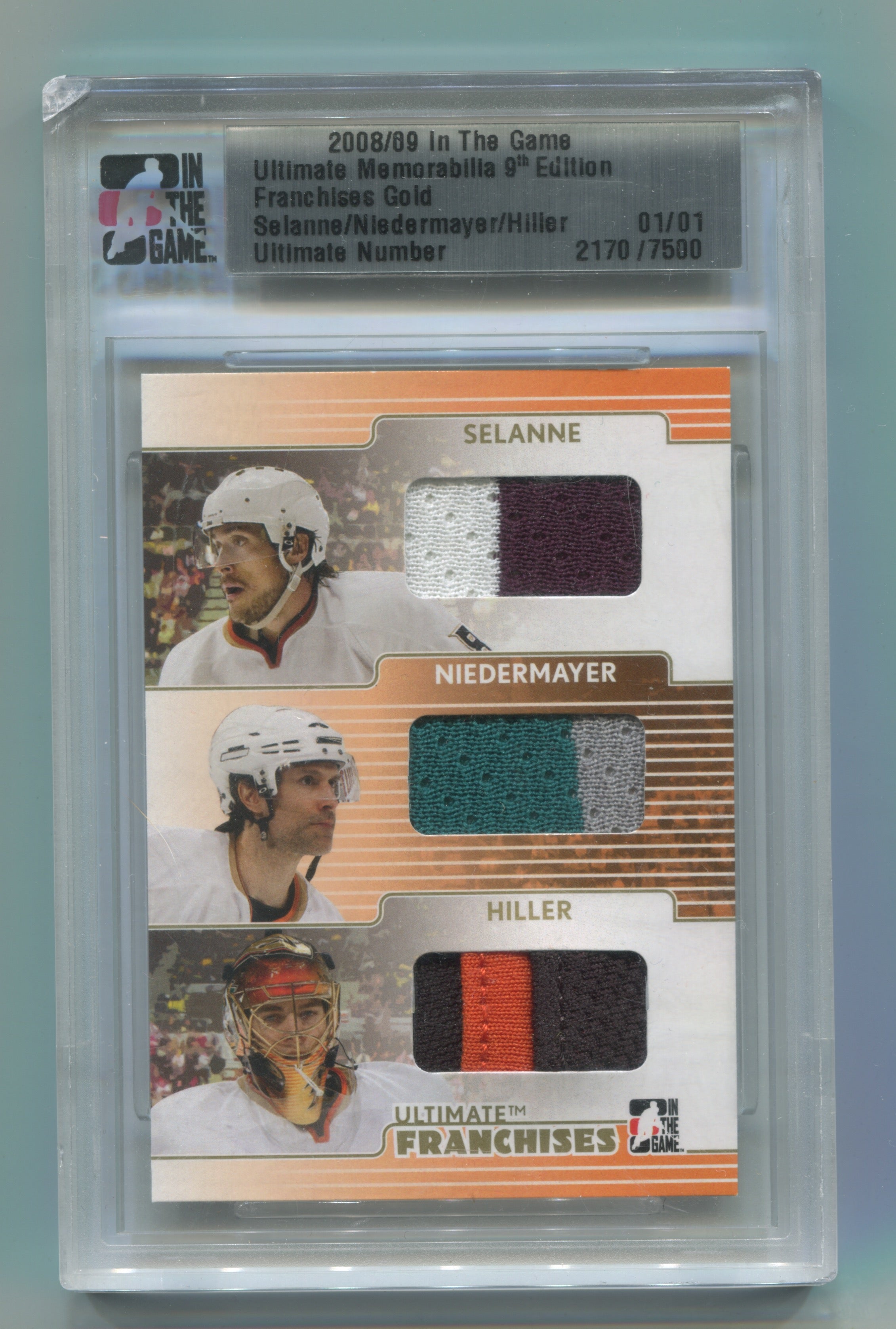2008-09 ITG Ultimate Memorabilia 9th Edition Franchises Gold Teemu Selanne/Scott Niedermayer/Jonas Hiller #01/01 | Eastridge Sports Cards