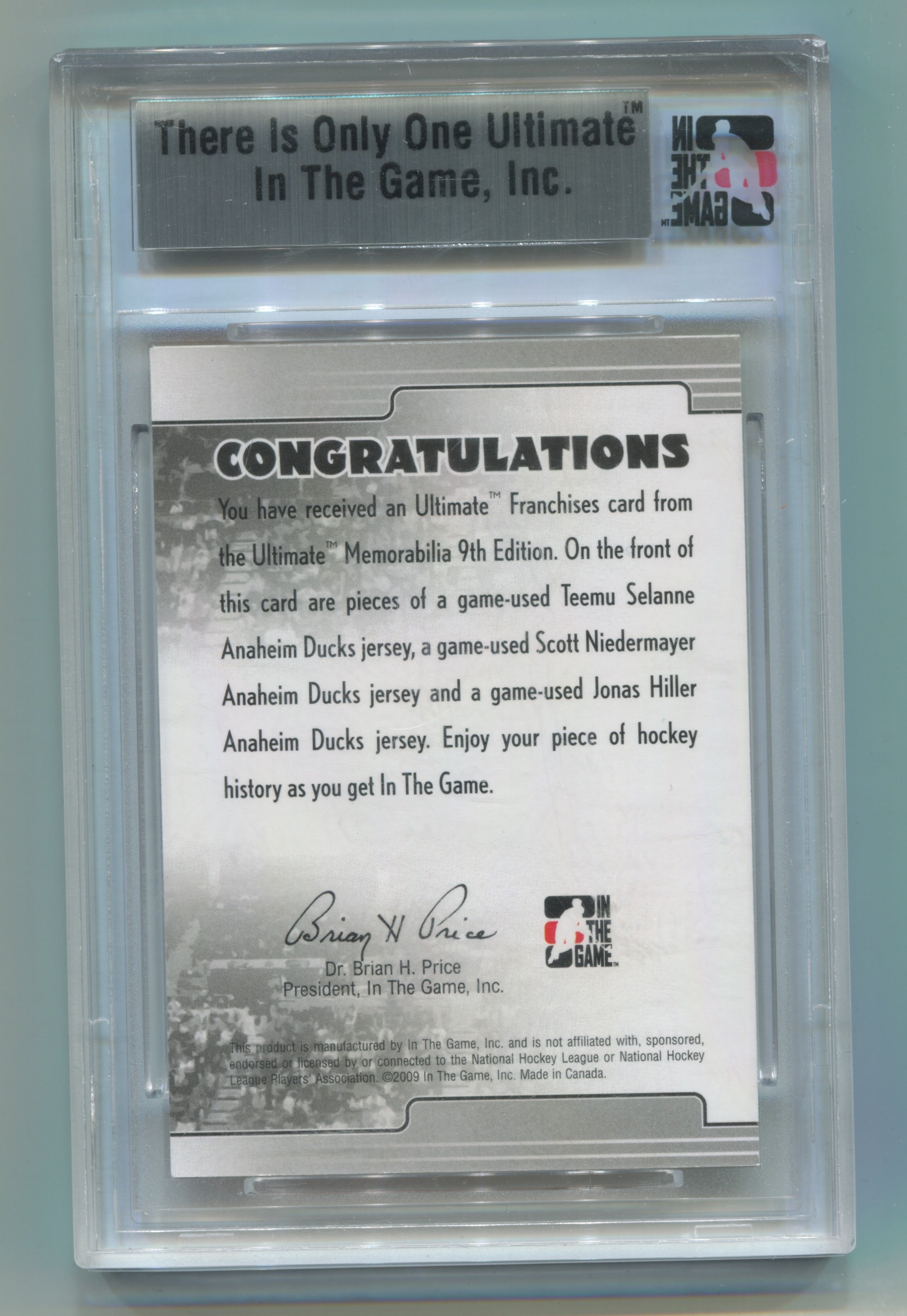 2008-09 ITG Ultimate Memorabilia 9th Edition Franchises Gold Teemu Selanne/Scott Niedermayer/Jonas Hiller #01/01 | Eastridge Sports Cards