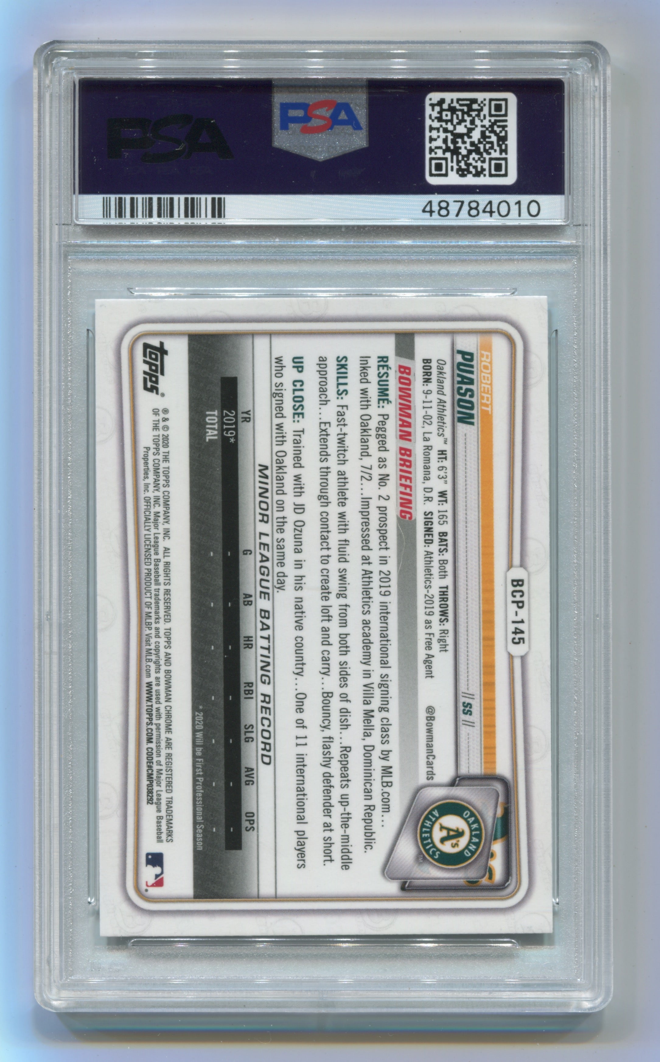 2020 Bowman Chrome Prospects #BCP145 Robert Puason PSA 10 | Eastridge Sports Cards